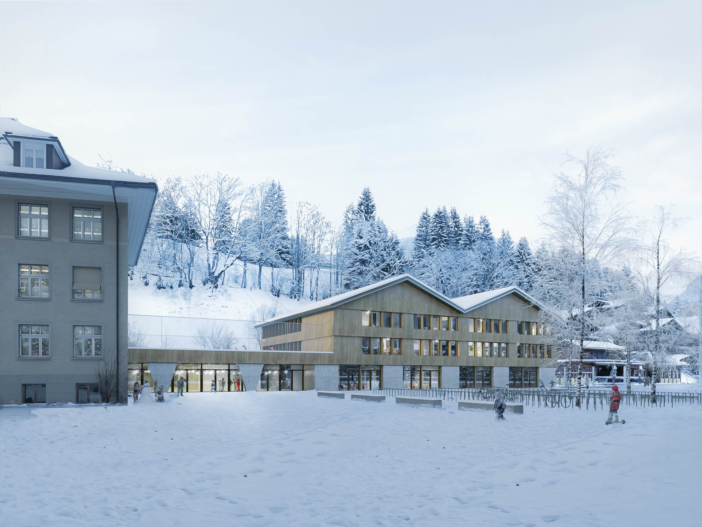 Snow White Rendering of a wooden elementary school designed by Ludes Architekten.