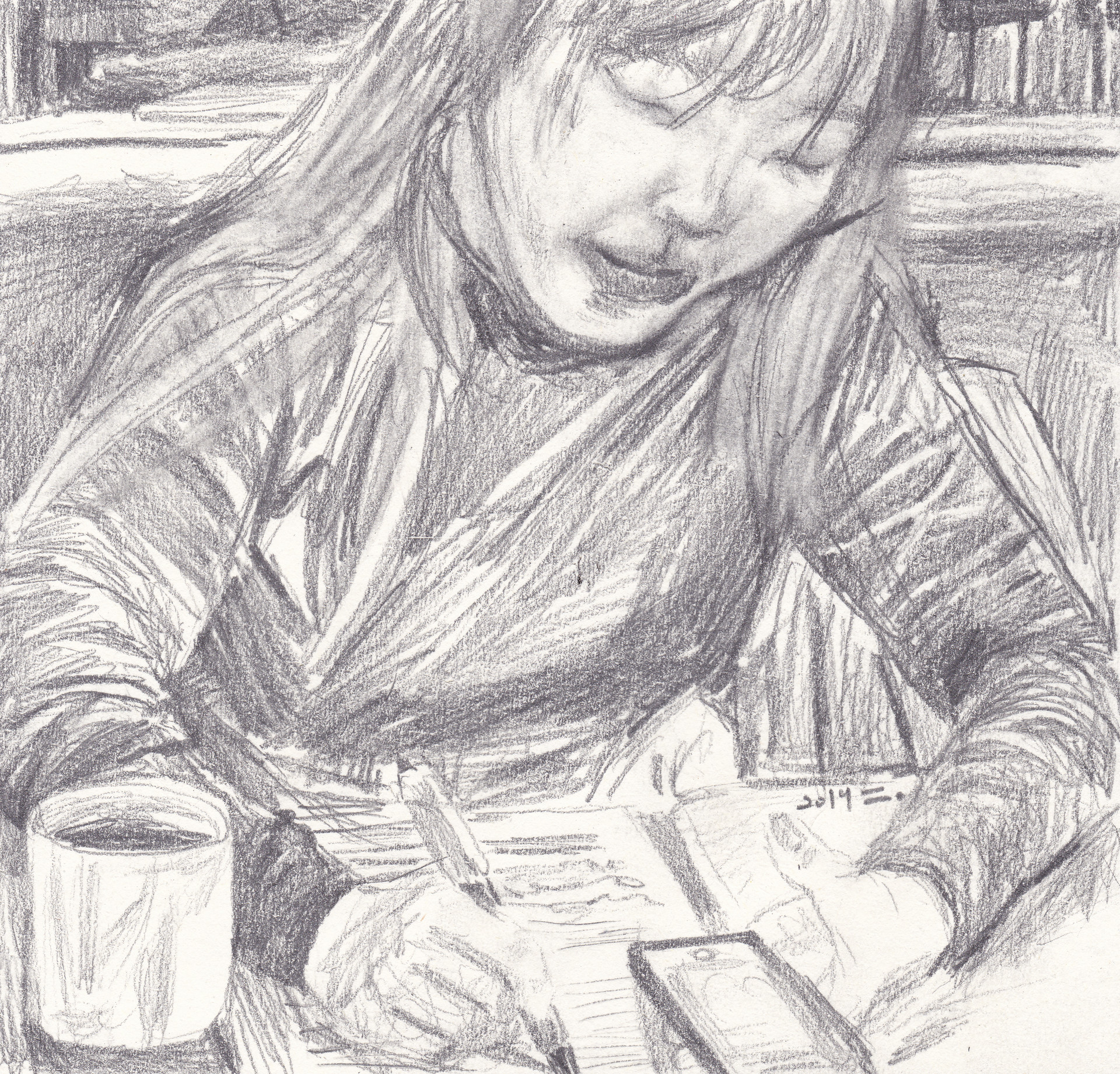 일기를 쓰는 여인, 2019, pencil on paper, 19.6*20.5(cm)