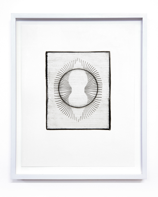 Sun/Moon Drawing #21 (From Walking so Much in Circles, I Will End up Making a Sphere)2023Sunlight/Moonlight drawing and potassium dichromate emulsion on watercolour paper in artist's frame15.5 x 12.5 x 1.5 inches, framed