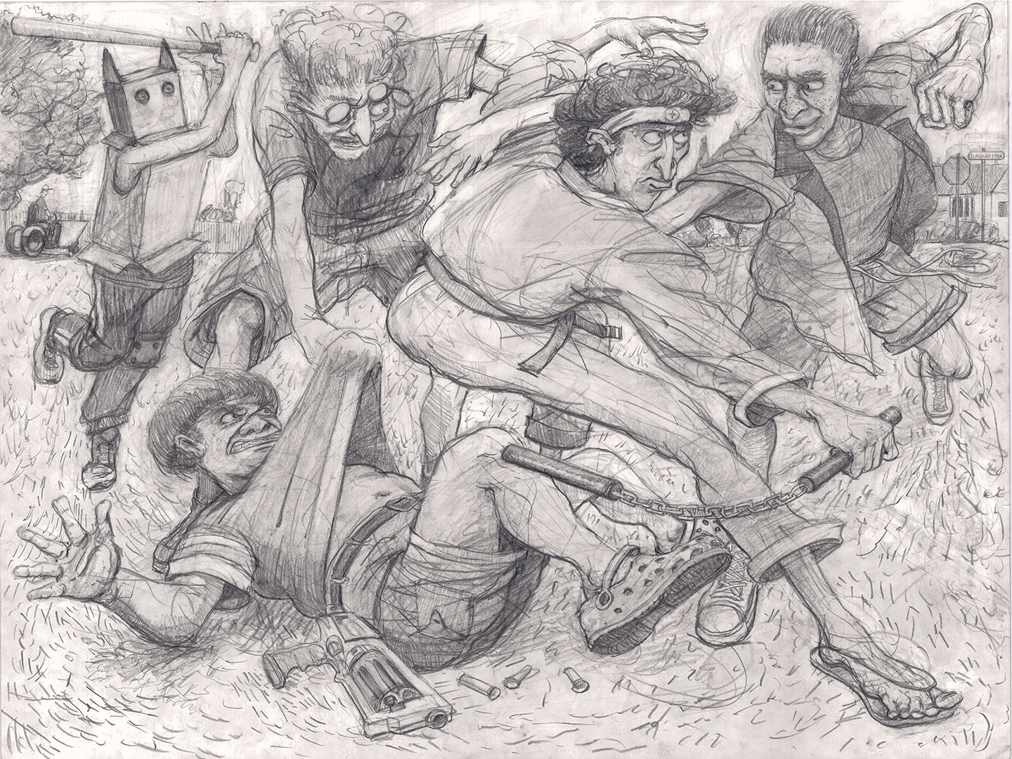 Large composition exploring the dynamics between characters, 24x18" graphite on paper.