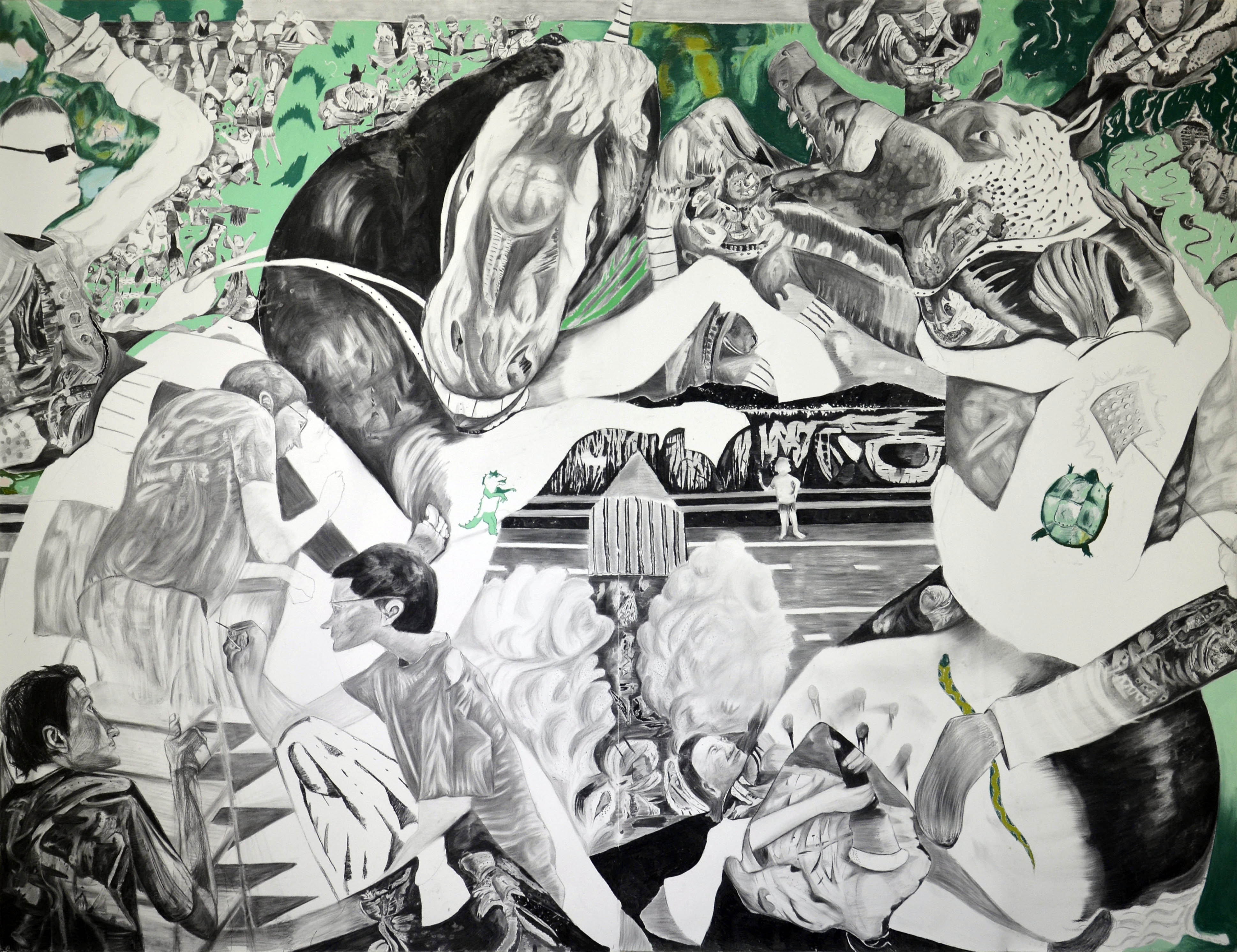 "Horses Fight", 2024, Charcoal and pastel on paper, 230 x 300 cm