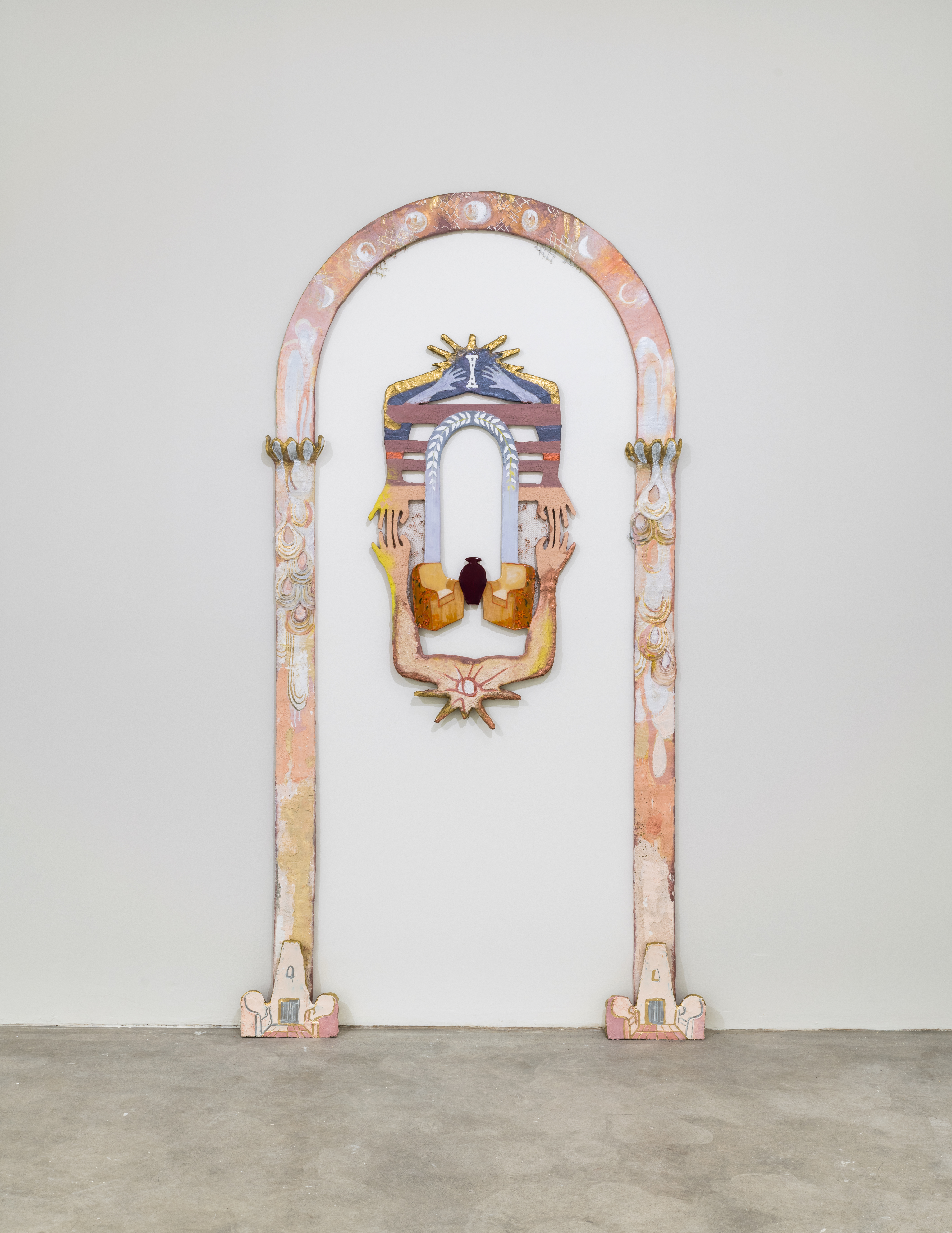 Room as Requiem, 2022, Expanded Painting (wood, plaster gauze, acrylic, resin, crackle paste, spray paint, wire, netting, fabric) 98"[h] x 47"[w] x 3"[d]