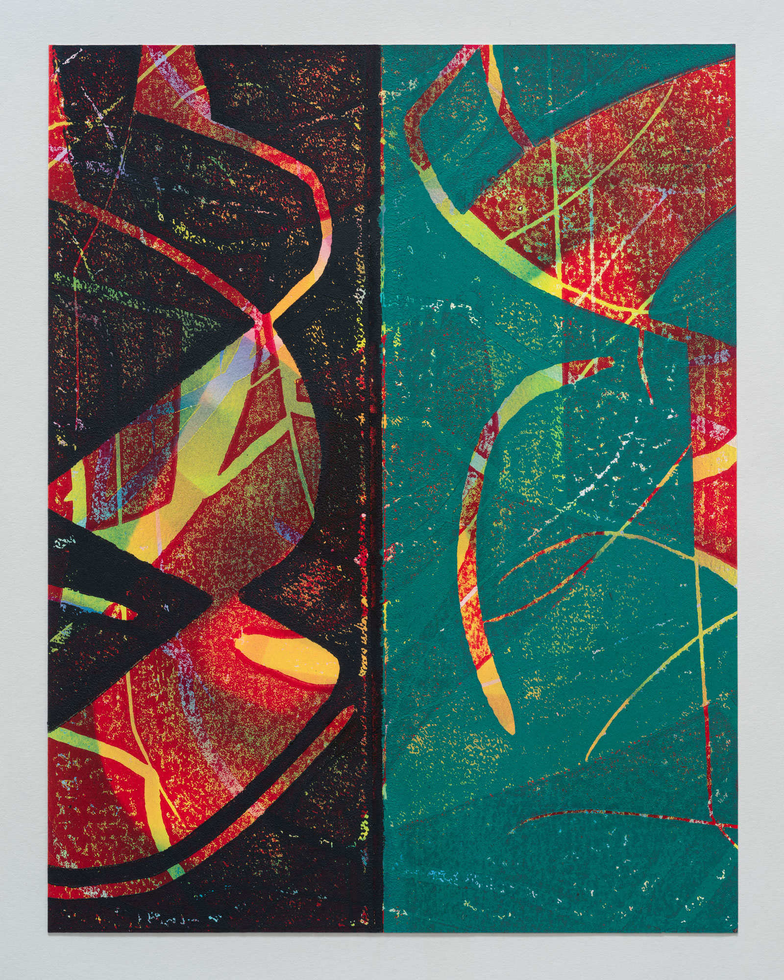 Untitled, 2024, hand-printed woodcut with air-brushed acrylic on paper, 11 × 8.5".