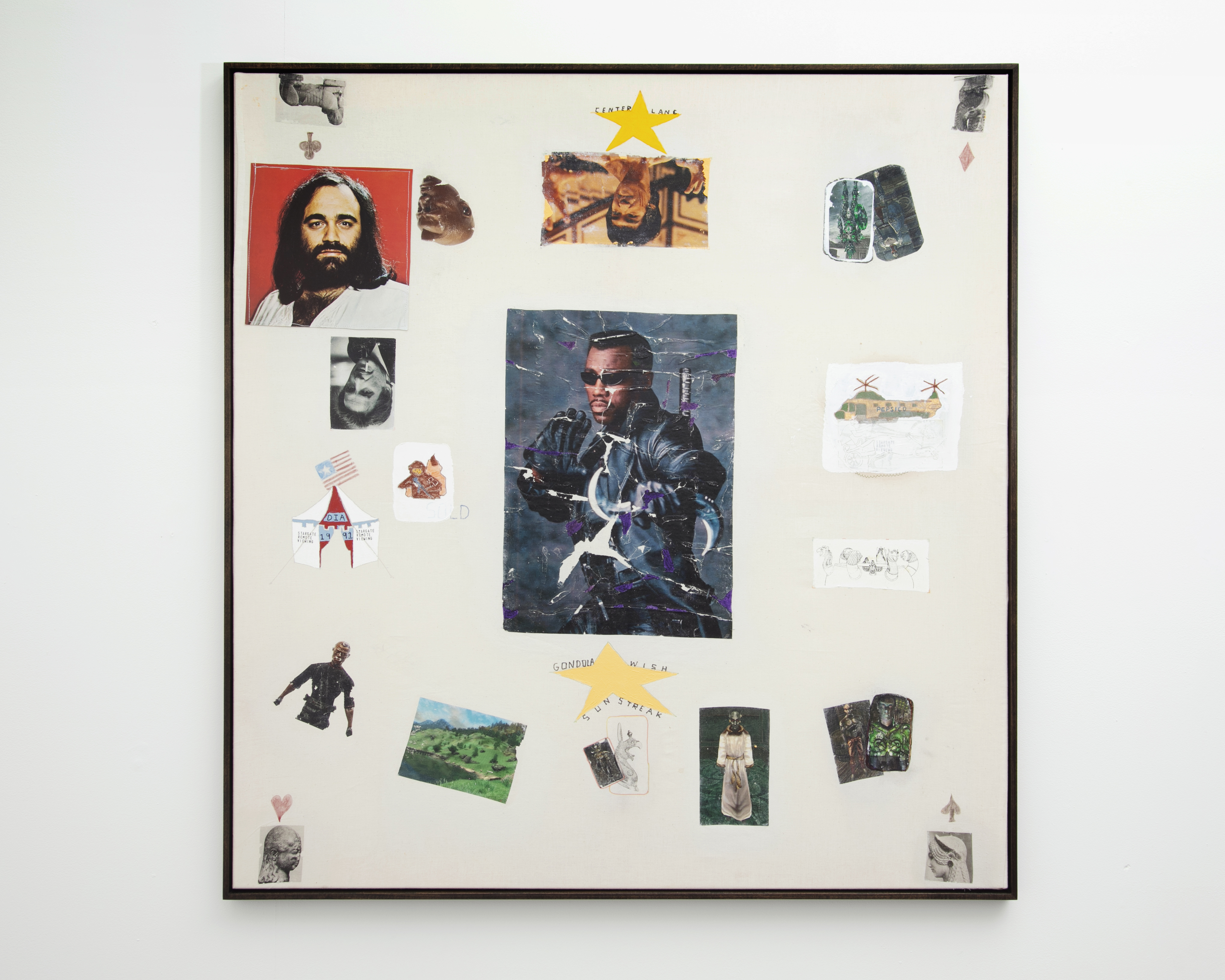 Arcanum XXI , 2023, Photo-transfer, cotton thread & acrylic on calico, in stained beech tray frame, 97x108cm