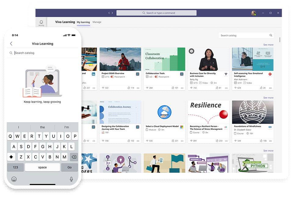 GIF showing the mobile and desktop versions of the Viva Learning App inside Microsoft Teams.