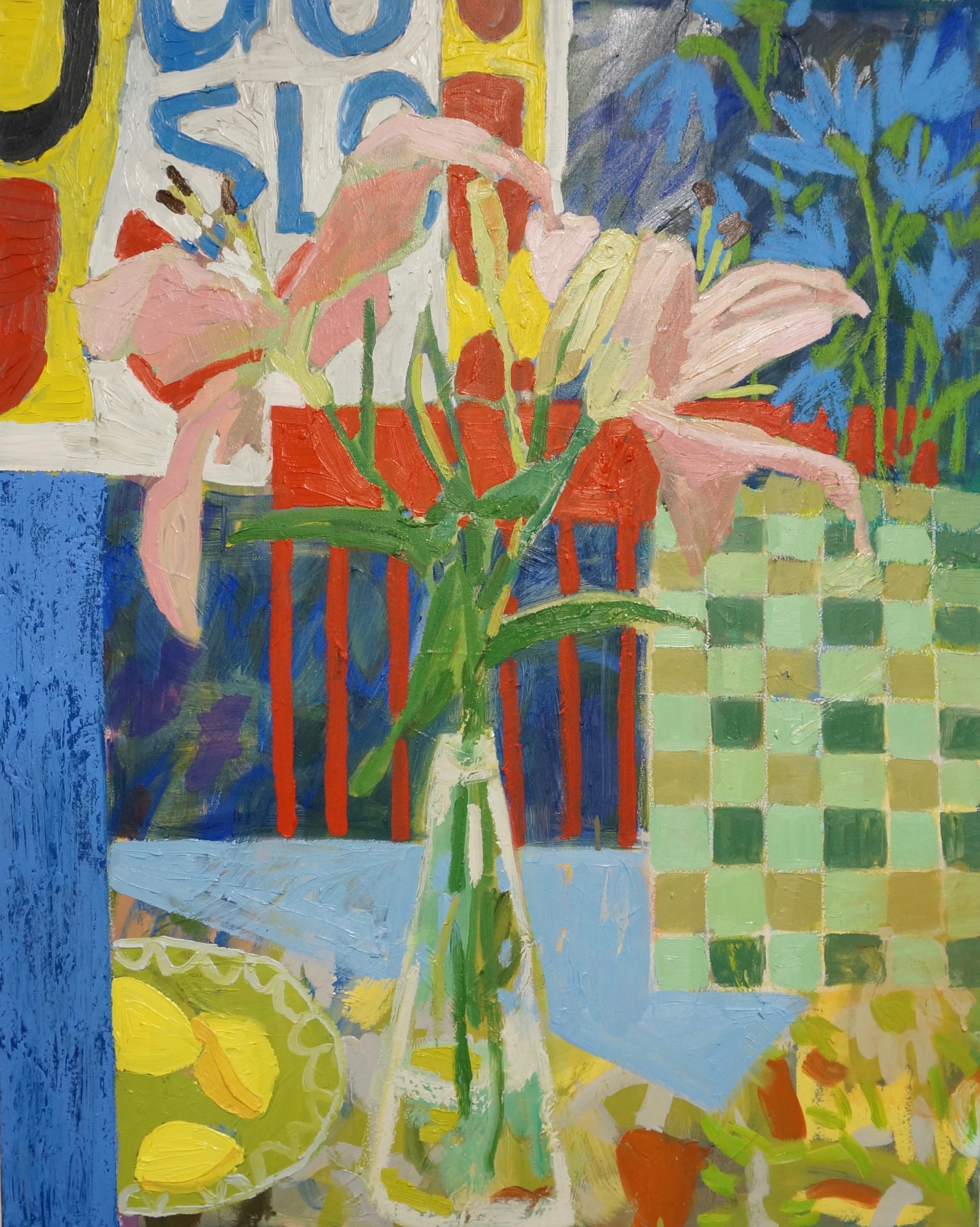 Lilies with Sister Corita Poster Oil, oil stick, and pastel on canvas. 24x30. 2022