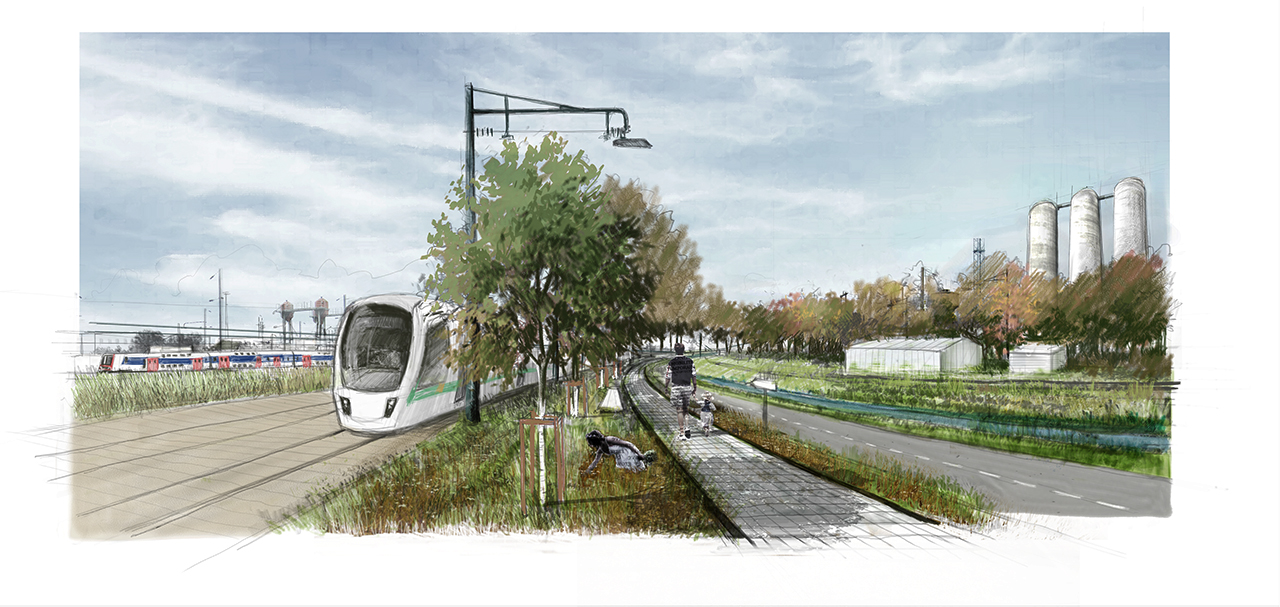 Perspective finale de paysage pour le Projet de Fin d'étude de Iris Chervet - "Caravansérail" Projet de requalification paysagère d'une friche ferroviaire - Master recherche - ENSAPVS - Février 2014 - Sous la direction de Alain Pelissier, Sylvie Salles et Rémi Lacau