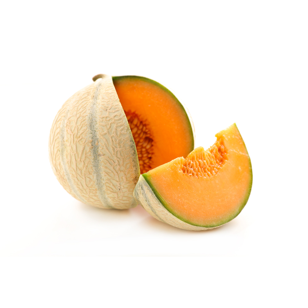Single cantaloupe cut open on white background