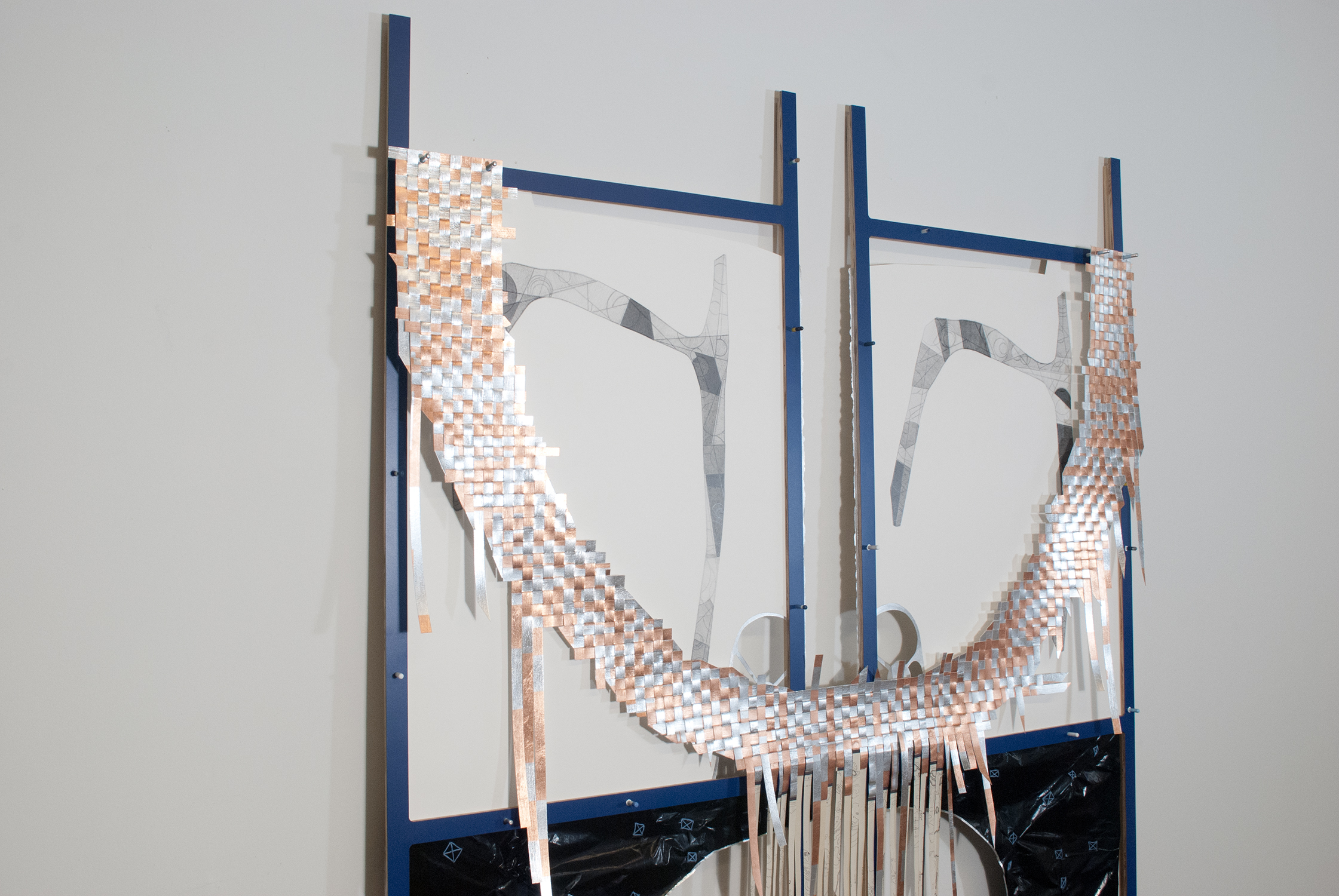 richard and saladin  Graphite, aluminum and copper leaf on paper. Aluminum leaf and embroidery thread on carbon paper. Formica and wood.  2012 - 86 x 49 x 5