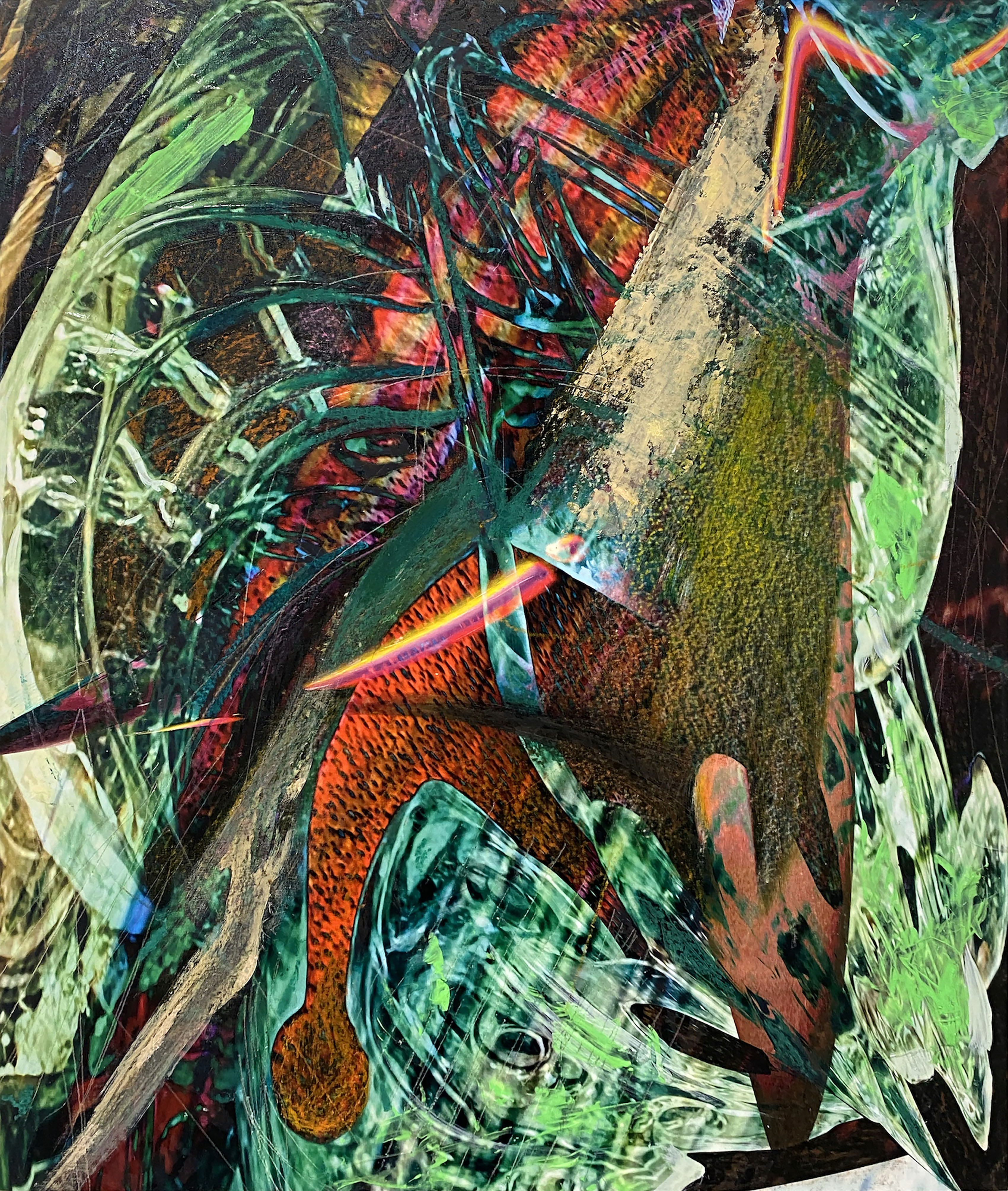 "Pollo a la brasa", Screenprint, acrylic, and oil pastel on pigmented inkjet print on Photo Tex,  19.5" x 14",  2025
