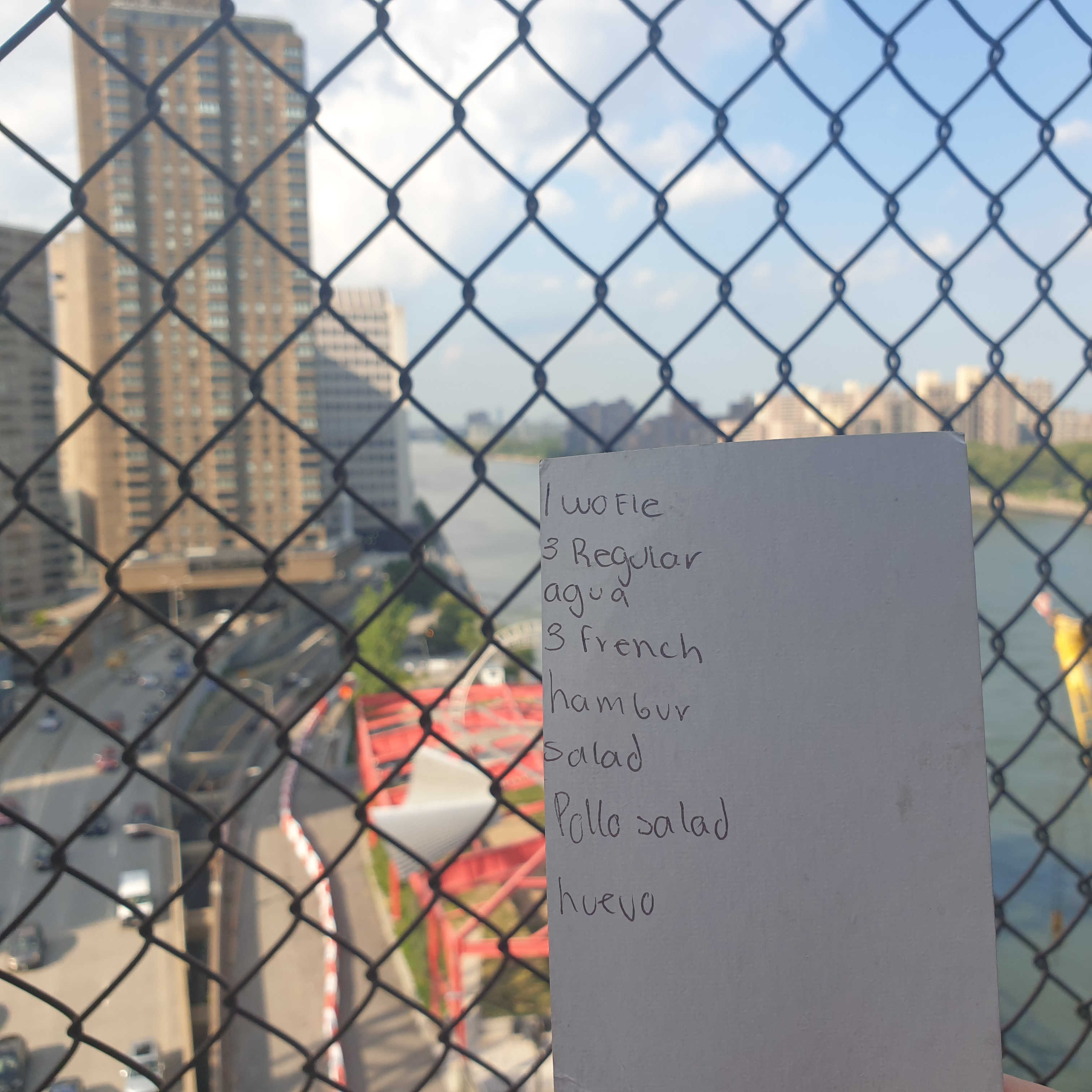 A handwritten shopping list pictured in front of a chain link fence with the Manhattan skyline in the background