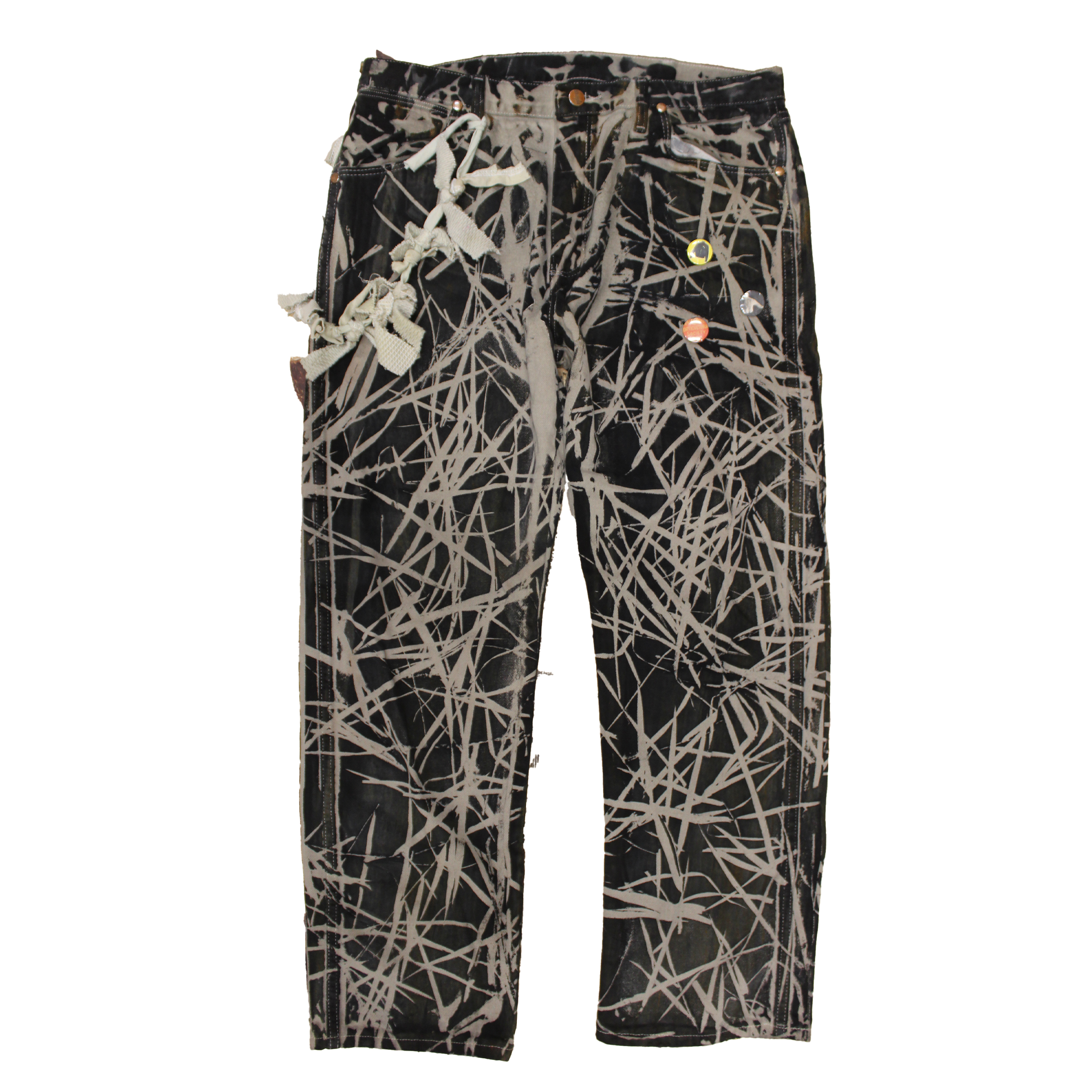 reclaimed vintage surplus denim screen printed with textile dye & grass resist. tailored for straight/wide fit. fitted with custom keychain, scrap chain, and leather patches