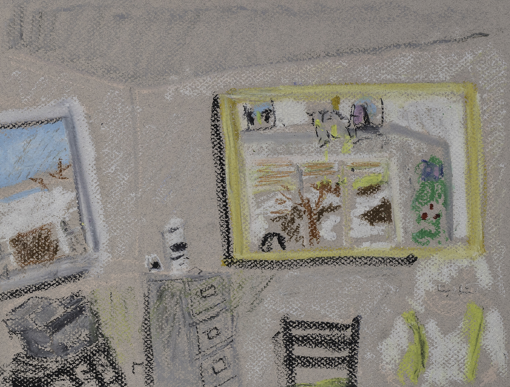 Living Room Mirror & Linda Foo at 125 N. Carson   (2022)  Interiorism & Exteriorism  12 x 9 in  Oil Bar on Cotton Paper