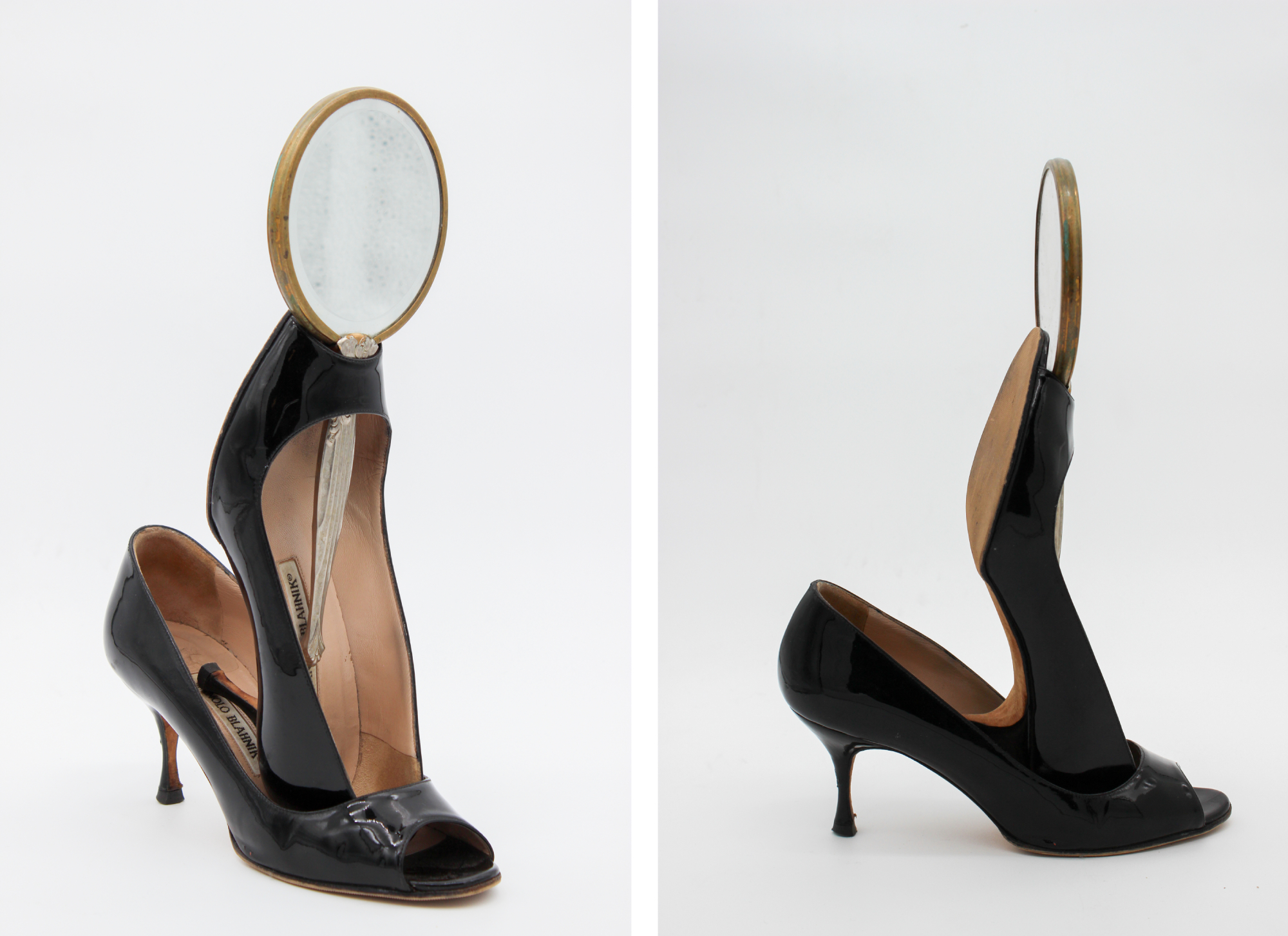 Barefooy Nancy admires her reflection, 2023, Shoes, mirror