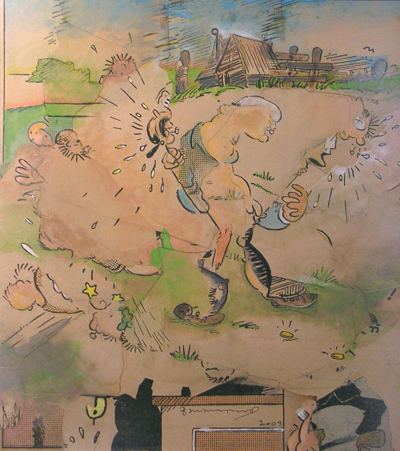 Sidesplitter, 2009, Original paper collage, gouache on museum board,  12 ½ x 11 in.