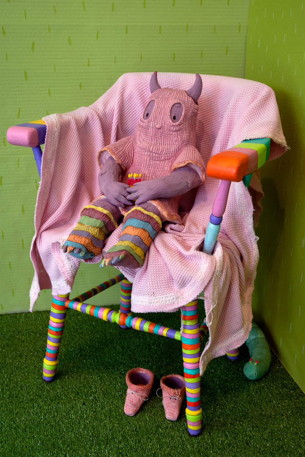 Pink Blankie  Low fire clay, underglaze, pipe cleaners, pom poms, 11.75” x 8” x 18” 2022