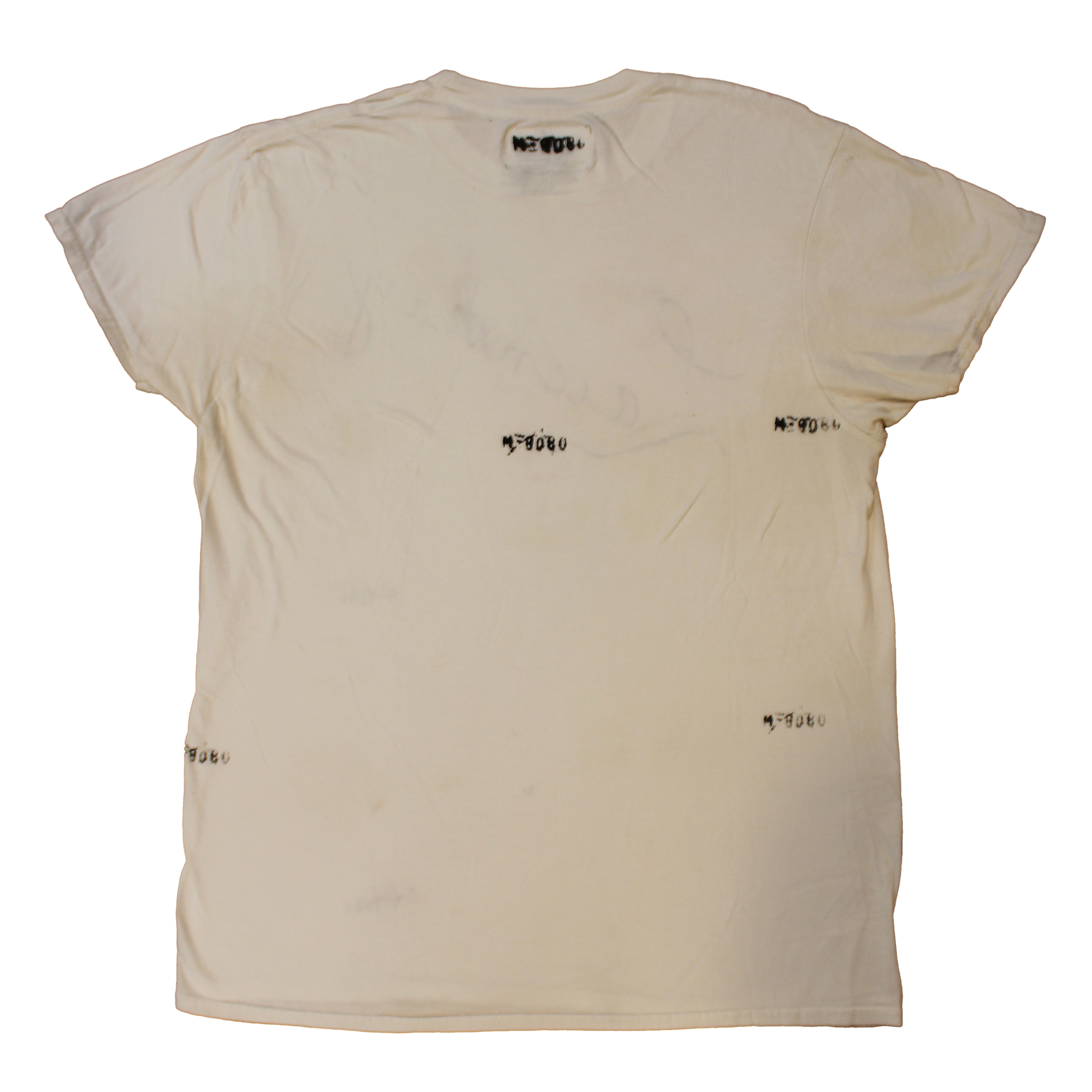 reclaimed discolored white tee printed on front and back. each tee is printed differently with different codes. looks better with each wash, wear, and stain. 