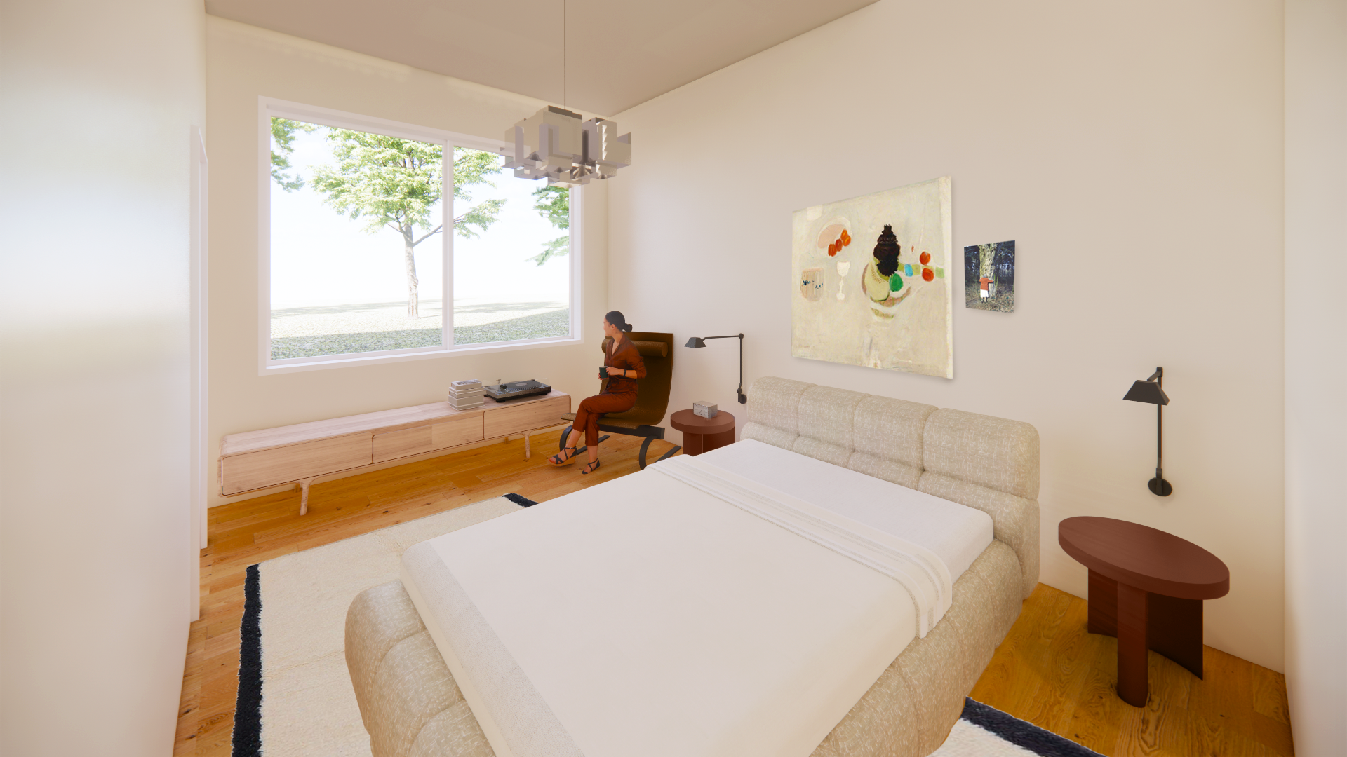 Mid-fidelity rendering of primary bedroom