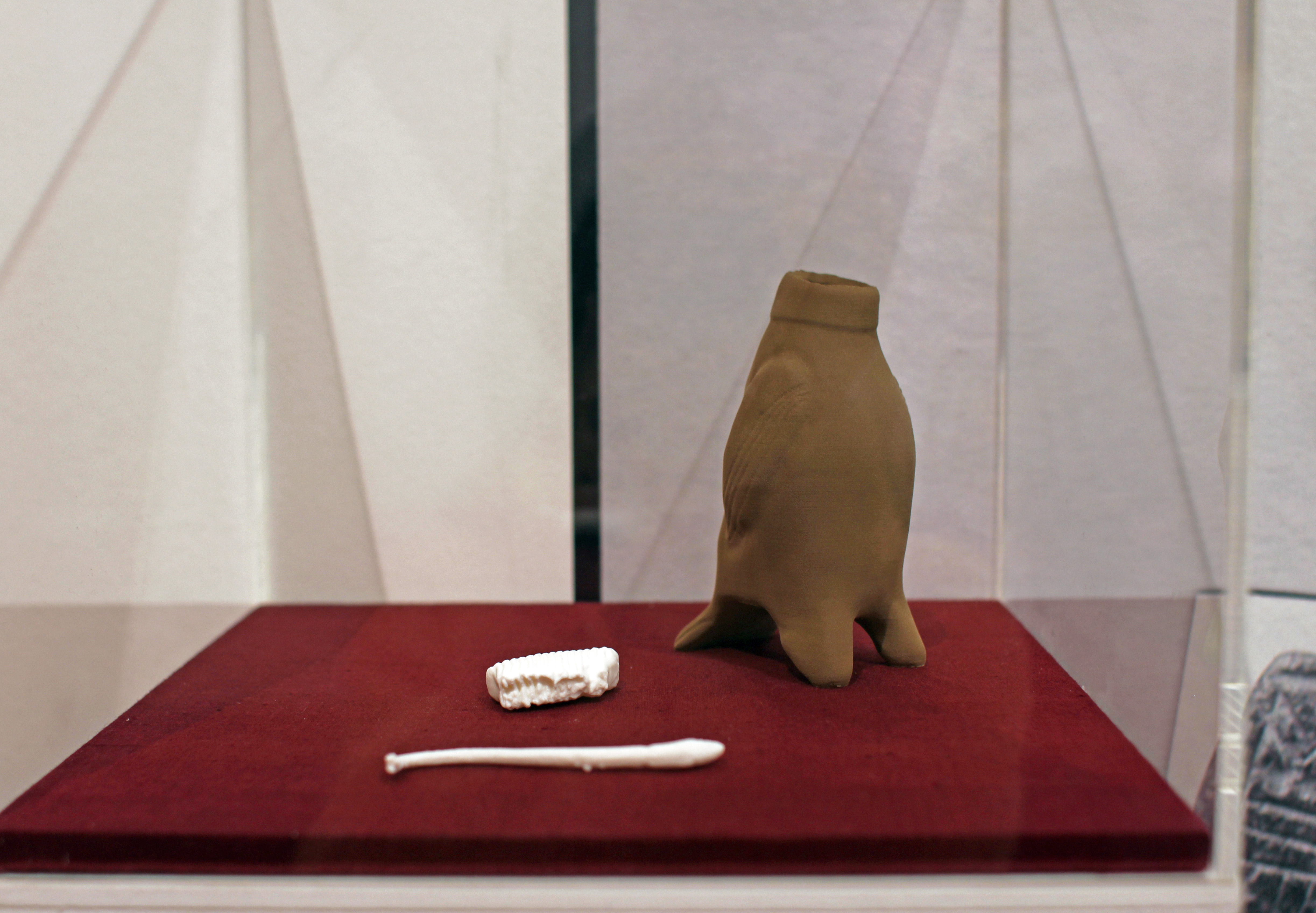 3-D printed replicas of a woolly mammoth molar, a raccoon bone and an owl vessel 