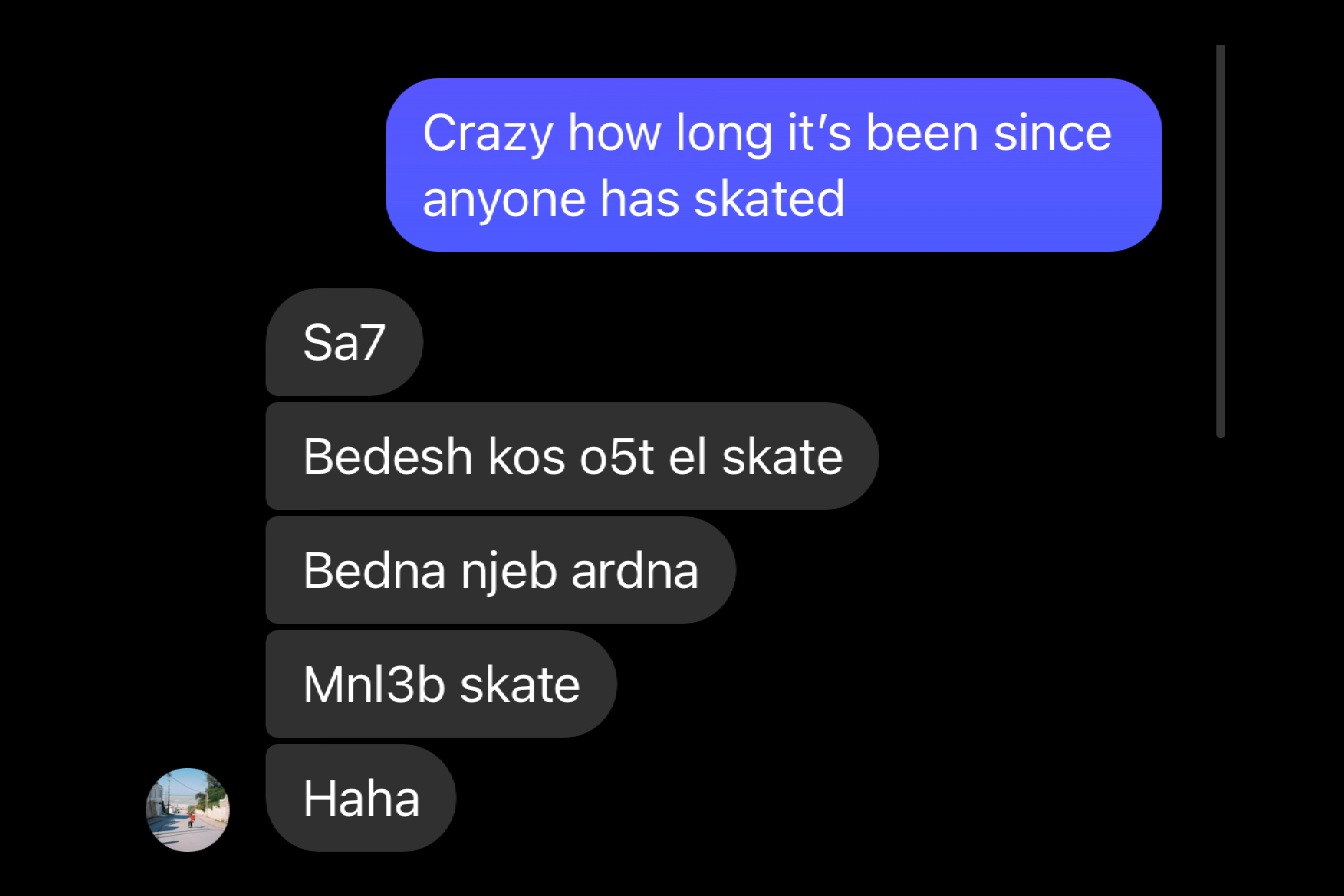 A text exchange with Aram: “True. I do not want to fucking skate. We need to bring back our land. Then we can skate. Haha”
