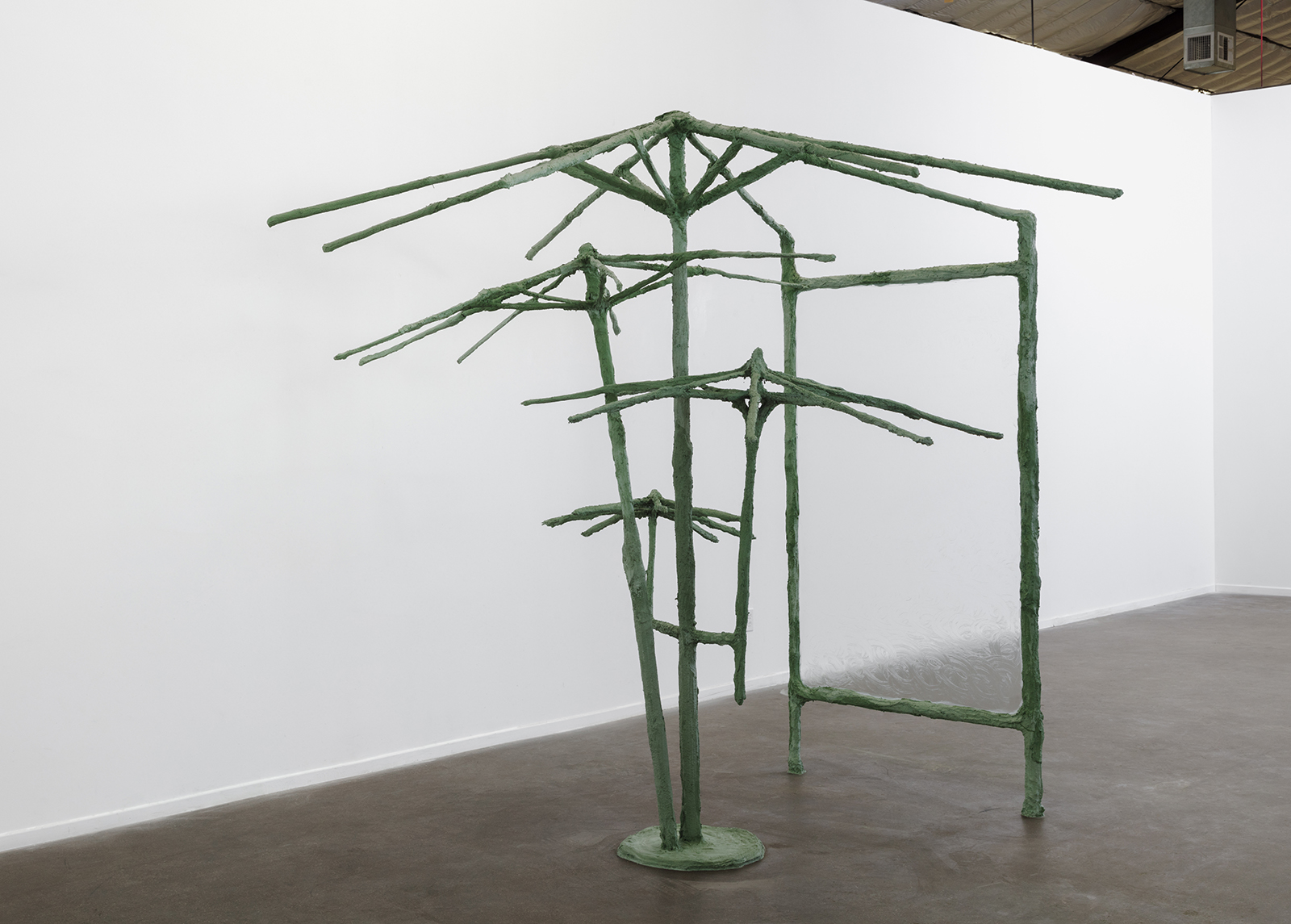 PDA I, 2018, umbrellas, steel, plaster, burlap, sand, pigment, glass, vaseline