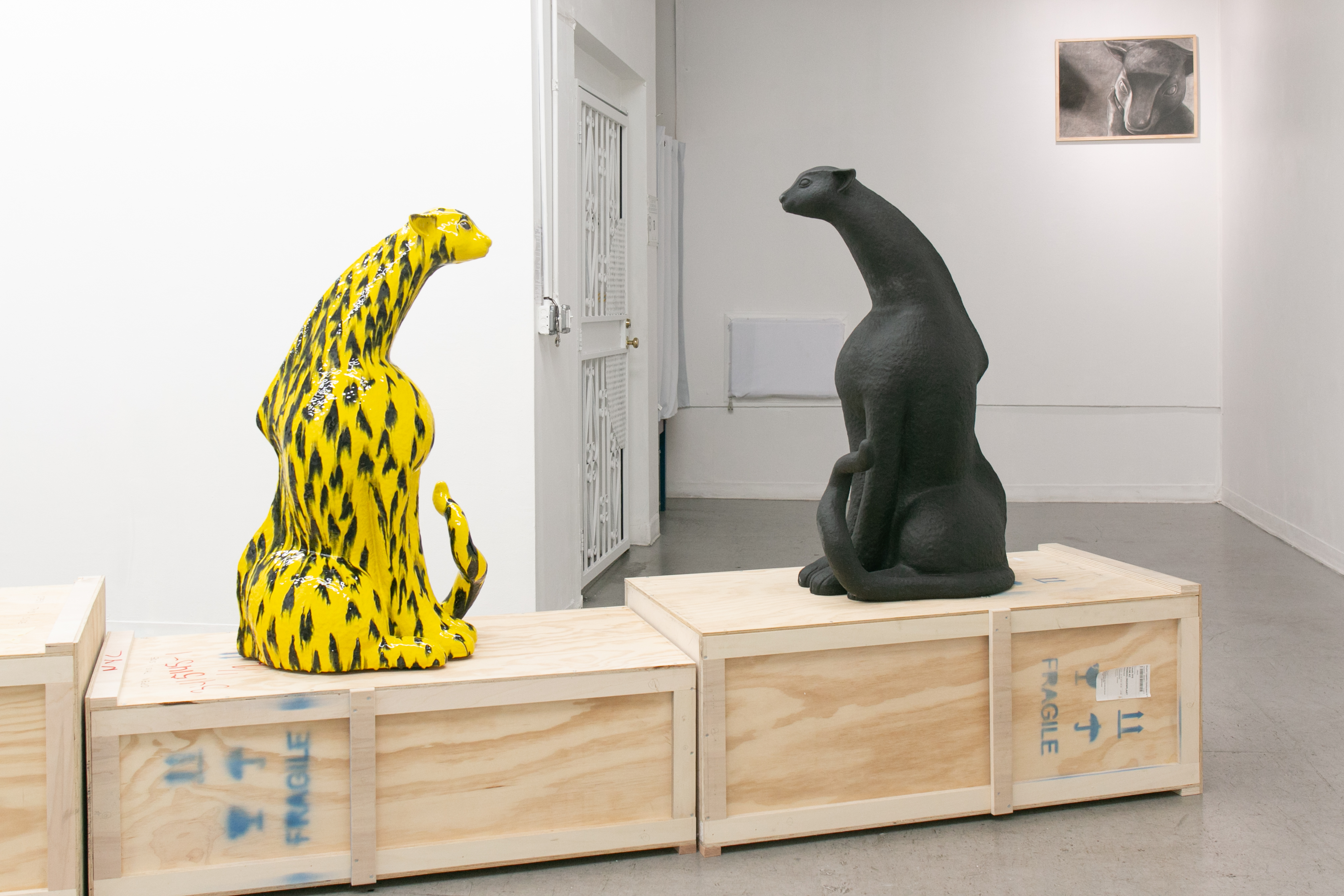 Cat I, Cat IIStoneware, glaze, overglaze. 61 x 109 x 43 cm (24 x 43 x 17 in), 2019Fiberglass, acrylic, paint. 64 x 114 x 48 cm (25 x 45 x 19 in), 2019