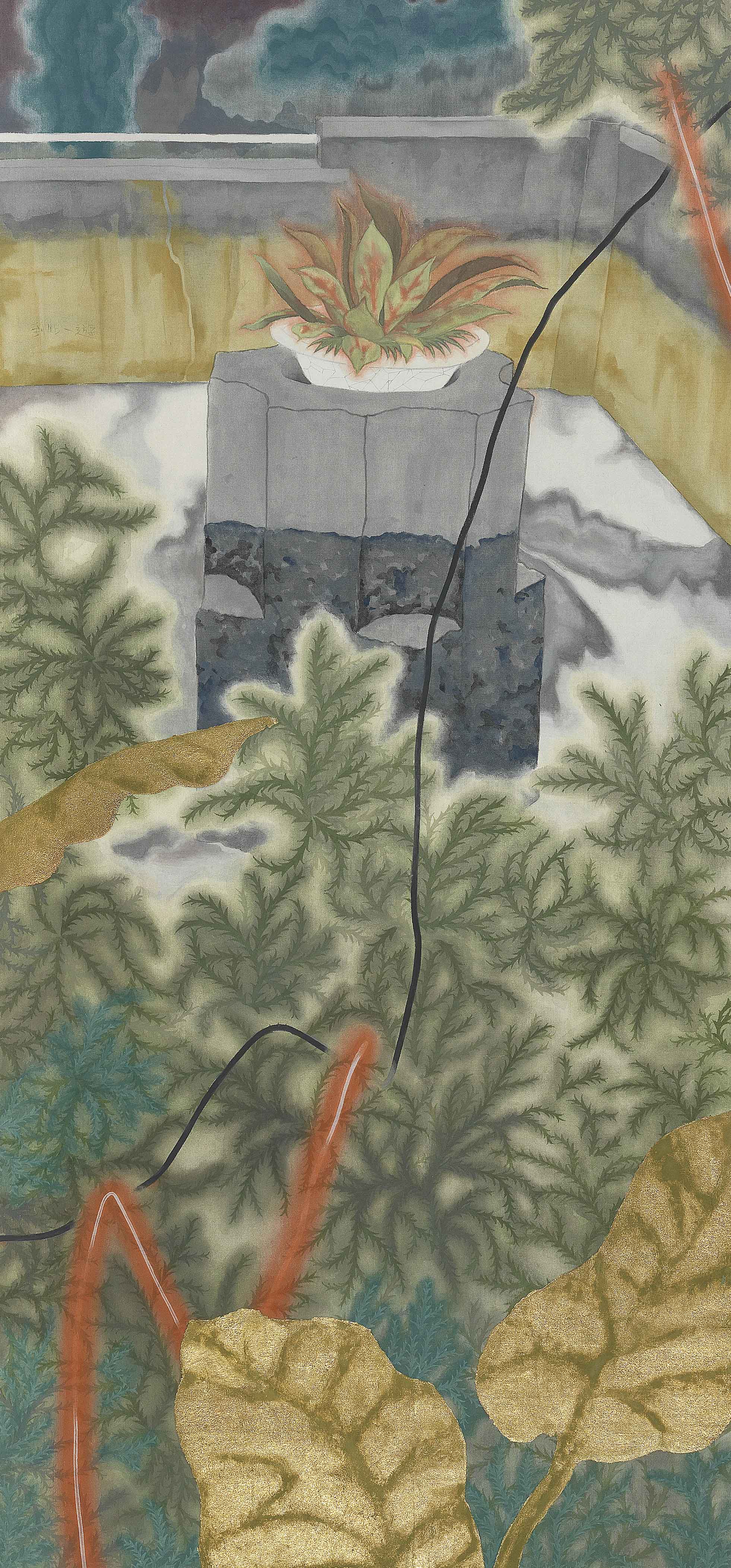 Pond, 2019, mineral pigment, ink on silk, 83x39cm (32.7x15.4 in)