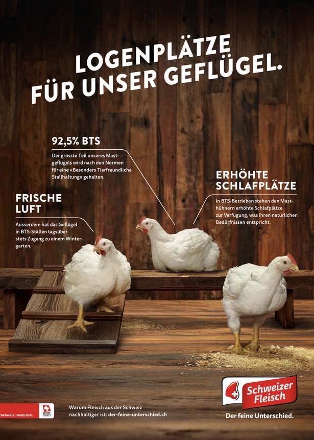 Advertisement from Proviande showcasing chicken husbandry as Swiss idyll. Source: Proviande, Schweizer Fleisch, 2019.