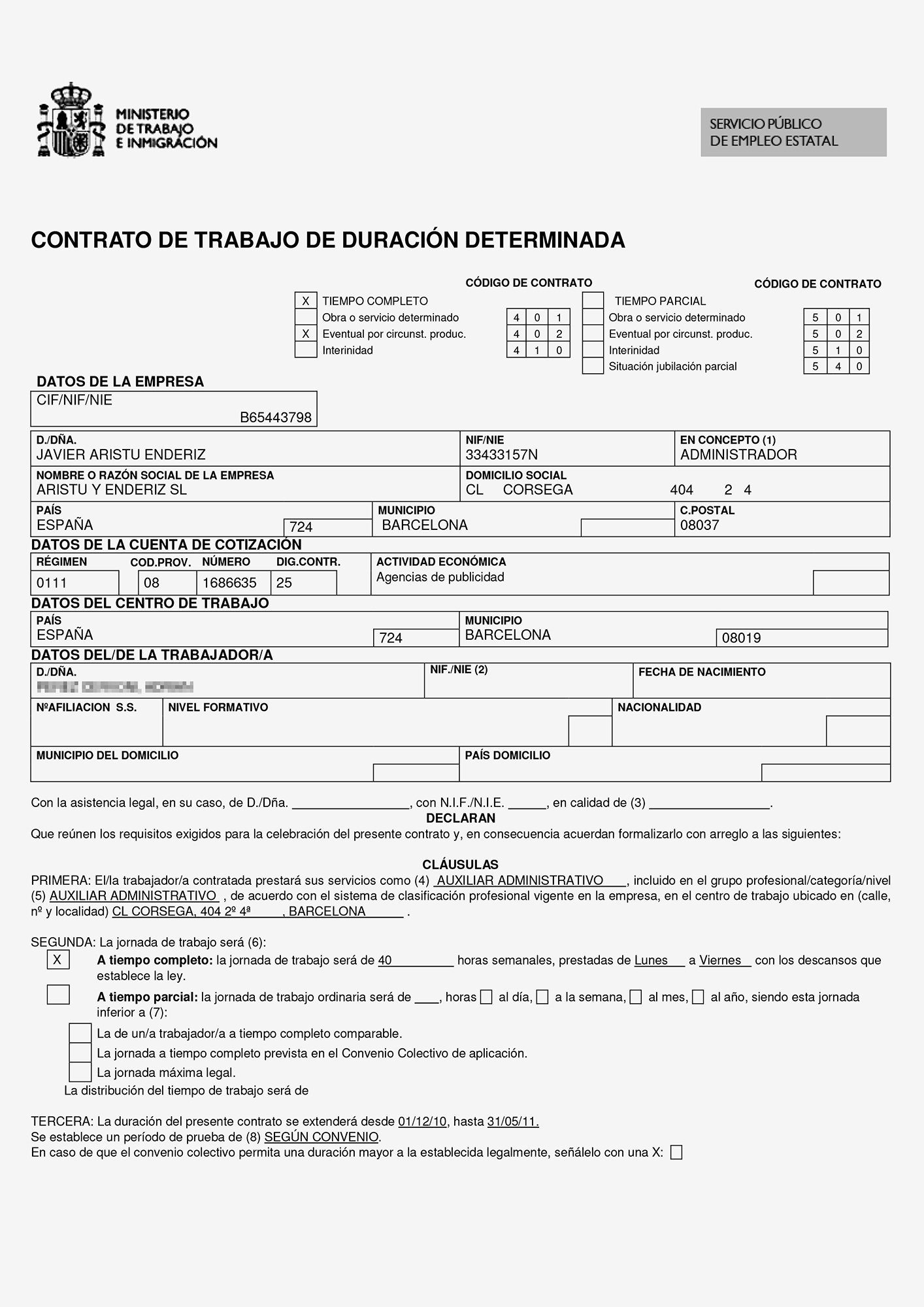 Contrato de trabajo de duración determinada, Barcelona, 2010