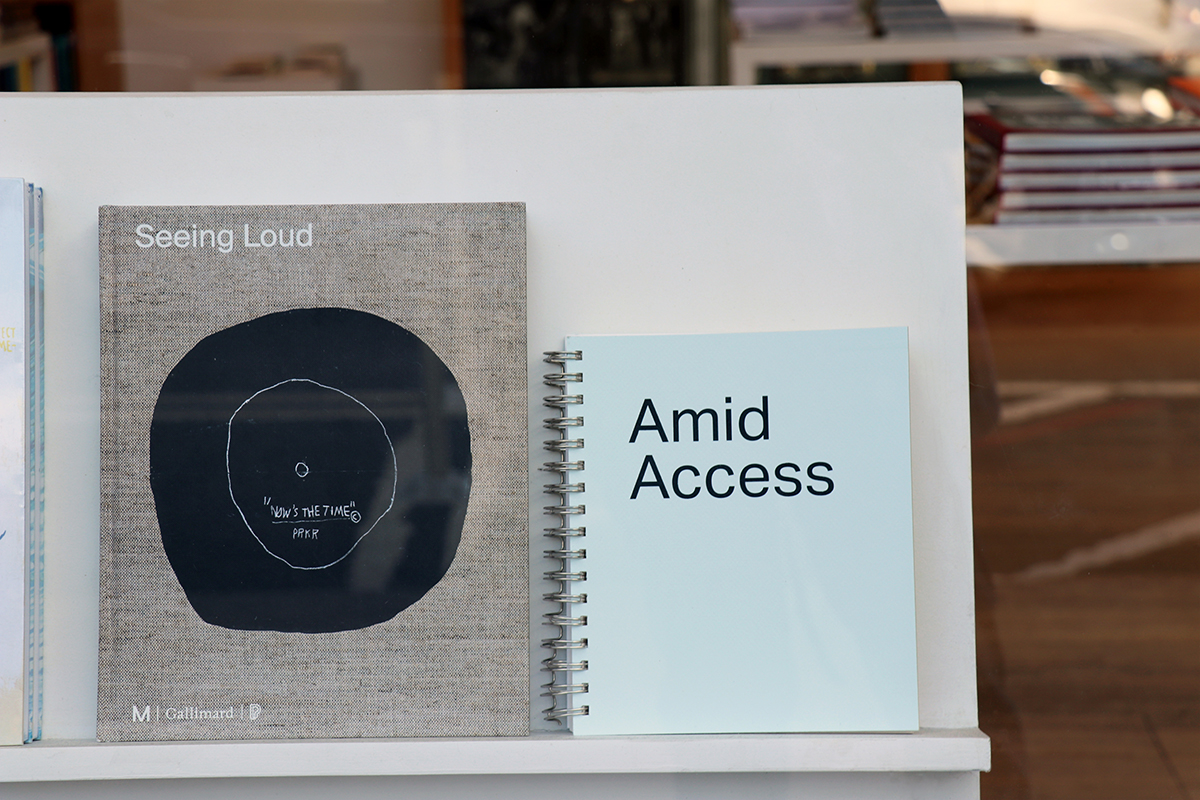 "Amid Access" book displayed on a book shelf inside a bookstore next to another book.