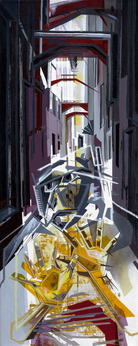 CALLE  ·  acrylic, crayon, pencil on canvas  ·  100 x 40 cm