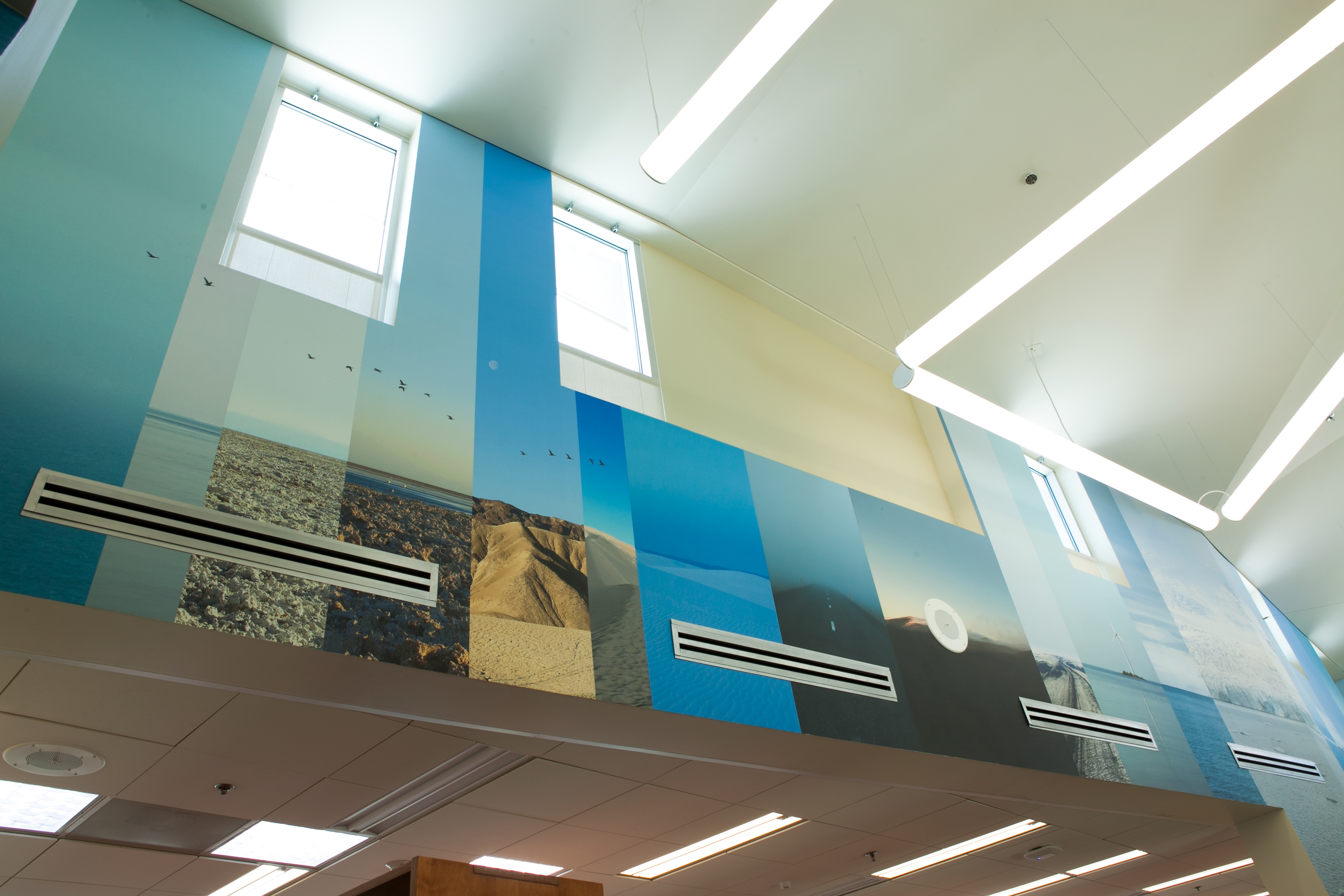 CircumSolar, Migration 2, 2013. Public art at the Pico Rivera Public Library, commissioned by the Los Angeles Arts Commission. Mural. Fire retardant canvas and ink. 132 ft. long x 25 ft. high. ~1,250 sq. ft. approximately.