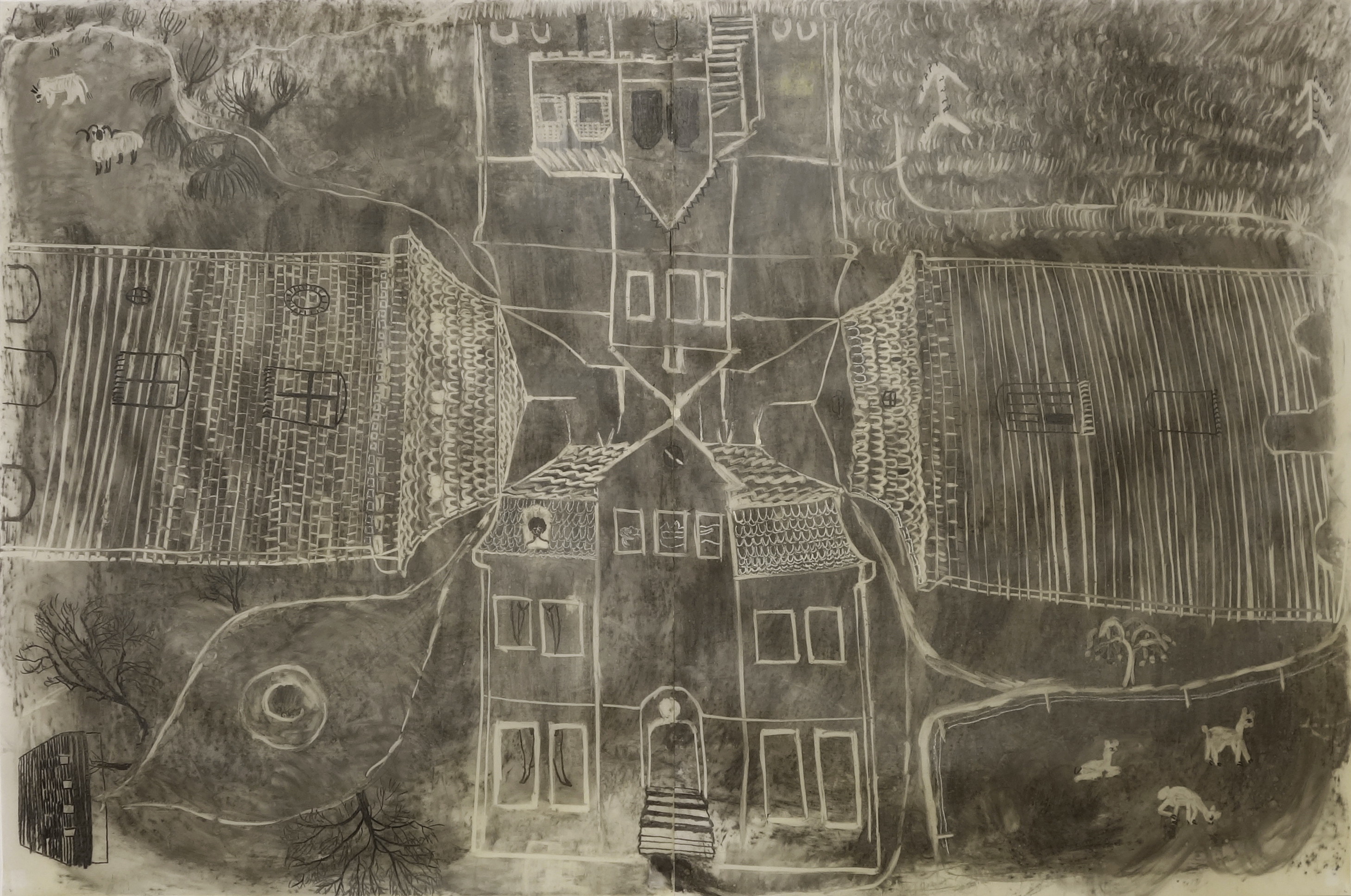 Schloss Plüschow charcoal, transparent paper, wax 120 x 180 cm 2020