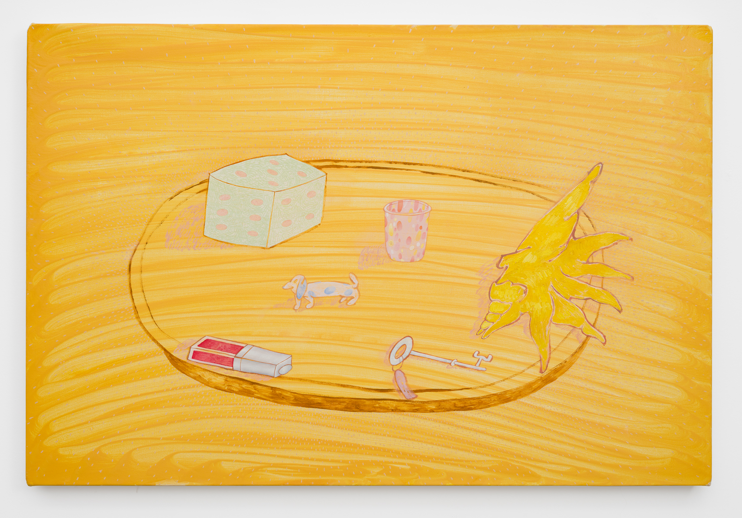 Gal Schindler, Autumn Table, 2025, Oil on canvas, 32 1/4 (H) x 47 5/8 (W) x 1 5/8 (D) in.