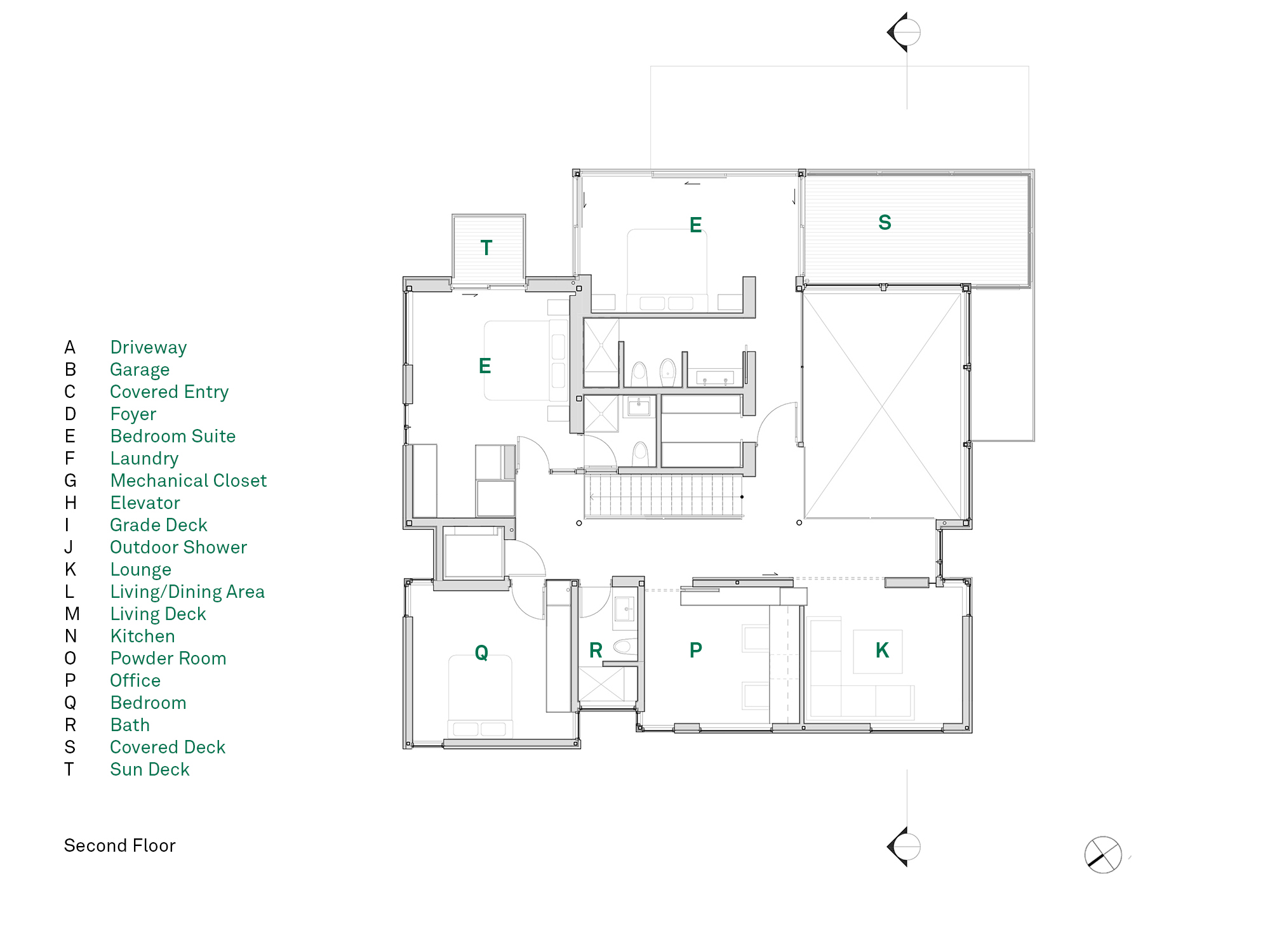 Architectural second floor plan for the Beach Roost residence, illustrating the layout of multiple bedrooms, including the main suite, and its private connection to two types of elevated exterior decks.