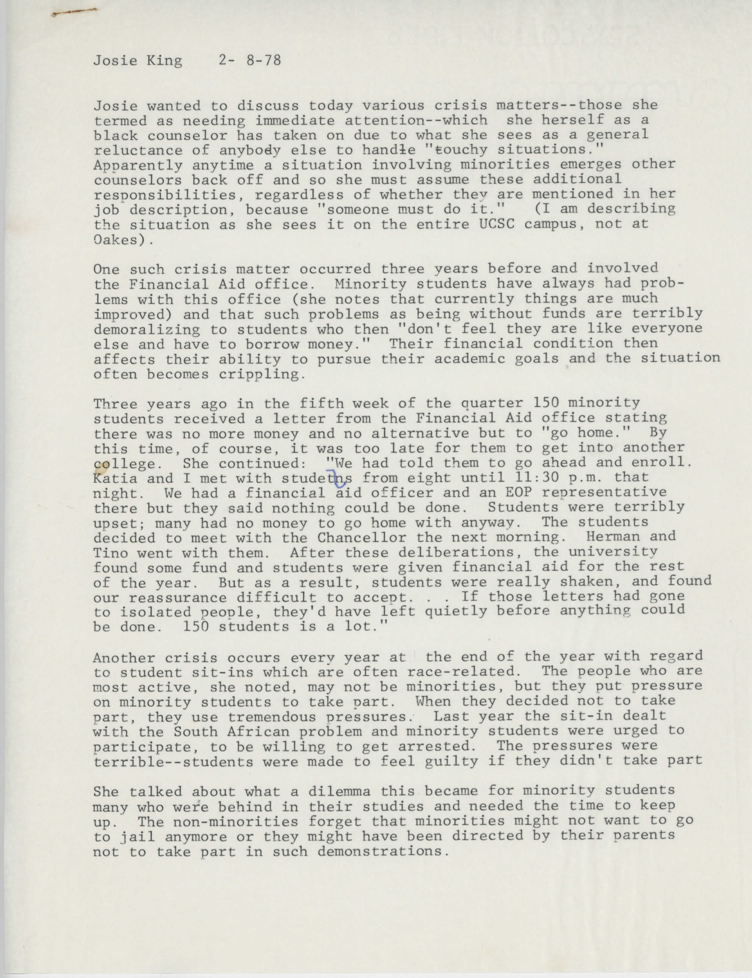 Counselor Josie King&rsquo;s 1978 interview. She recounts previous incidents regarding failures of the Financial Aid Office and campus safety.