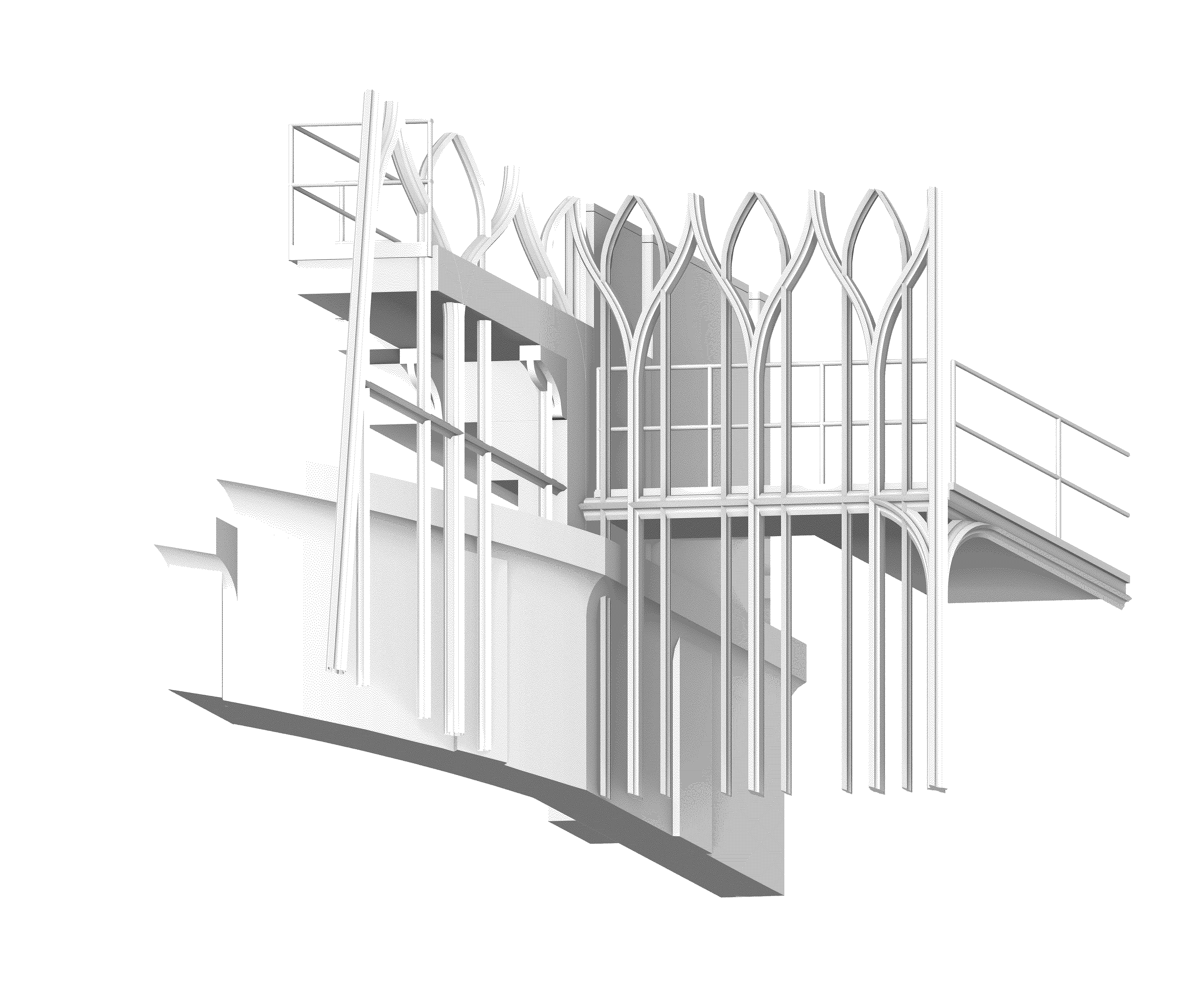 After replacing the steel profils with stone ones the dimentions have slightly changed. The stone tracery collides with the monumental structure. As in the gothic or in the romanesque churches of France despite the different tectonic of the structures it seems like they are supporting each other and come into existence together.