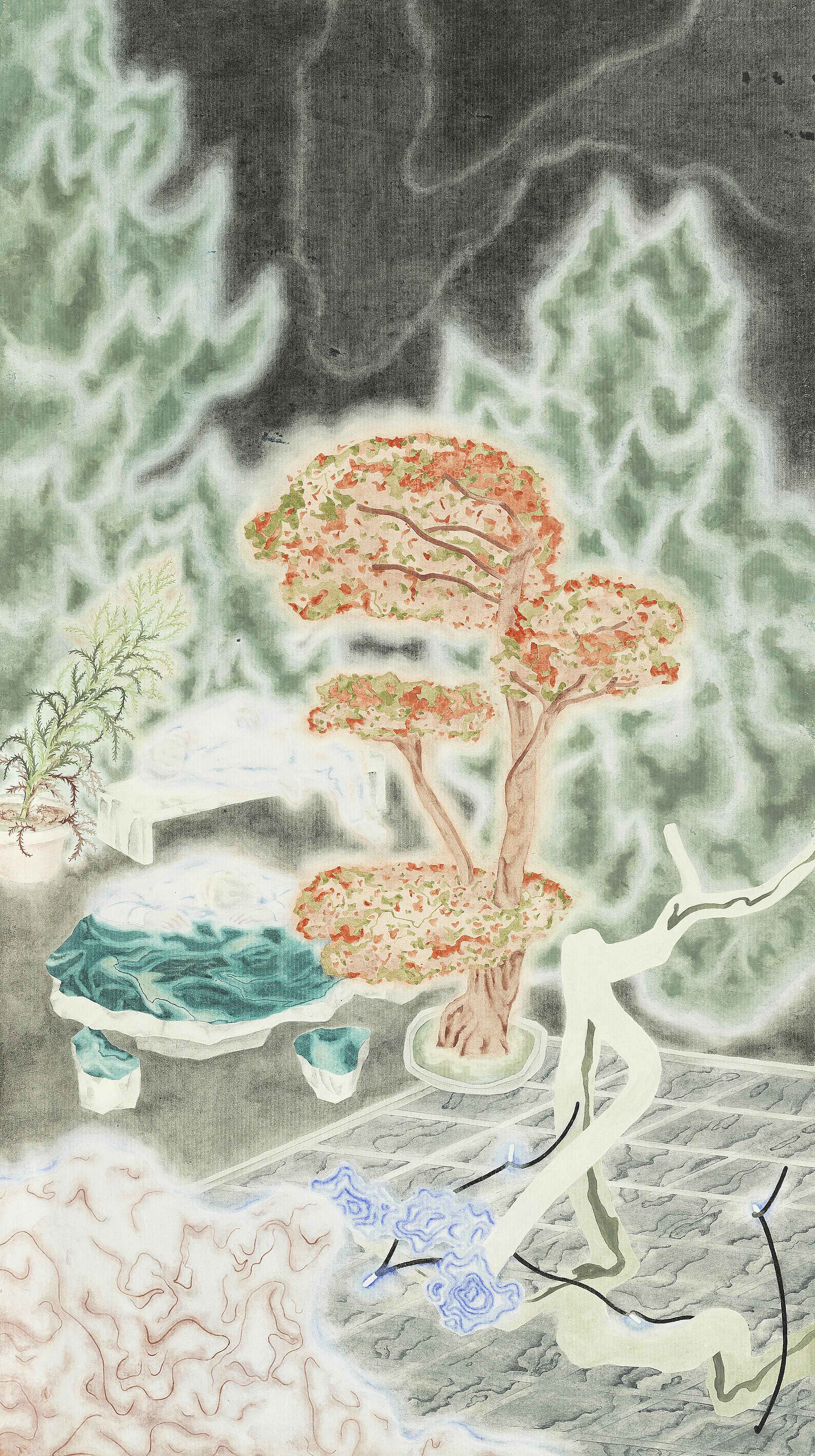 Wandering#2, 2019, mineral pigment, ink on paper, 141x79.5cm (55.5x31.3 in)