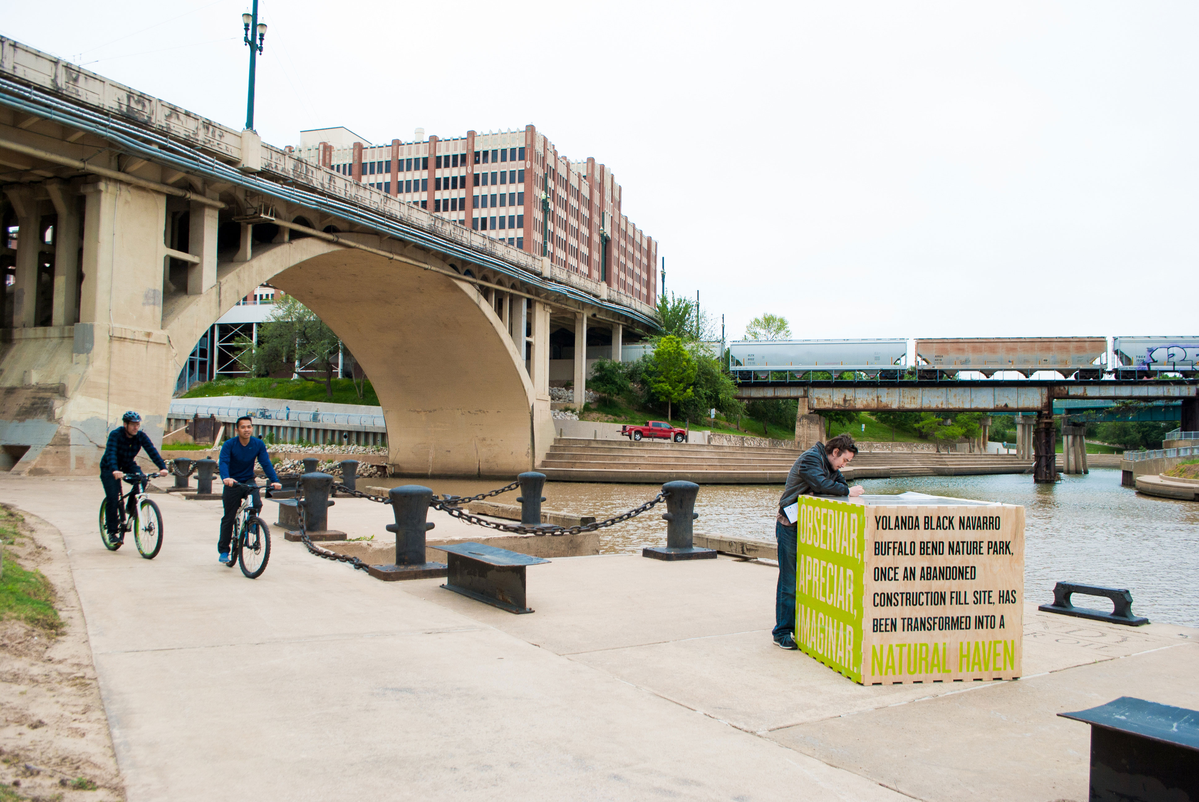 On the top face of each cube, a prompt provides an opportunity for the community to write down thoughts and ideas related to future plans along their bayou and green spaces. (Shown here is the installation highlighting the Yolanda Black Navarro Buffalo Bend Nature Park).