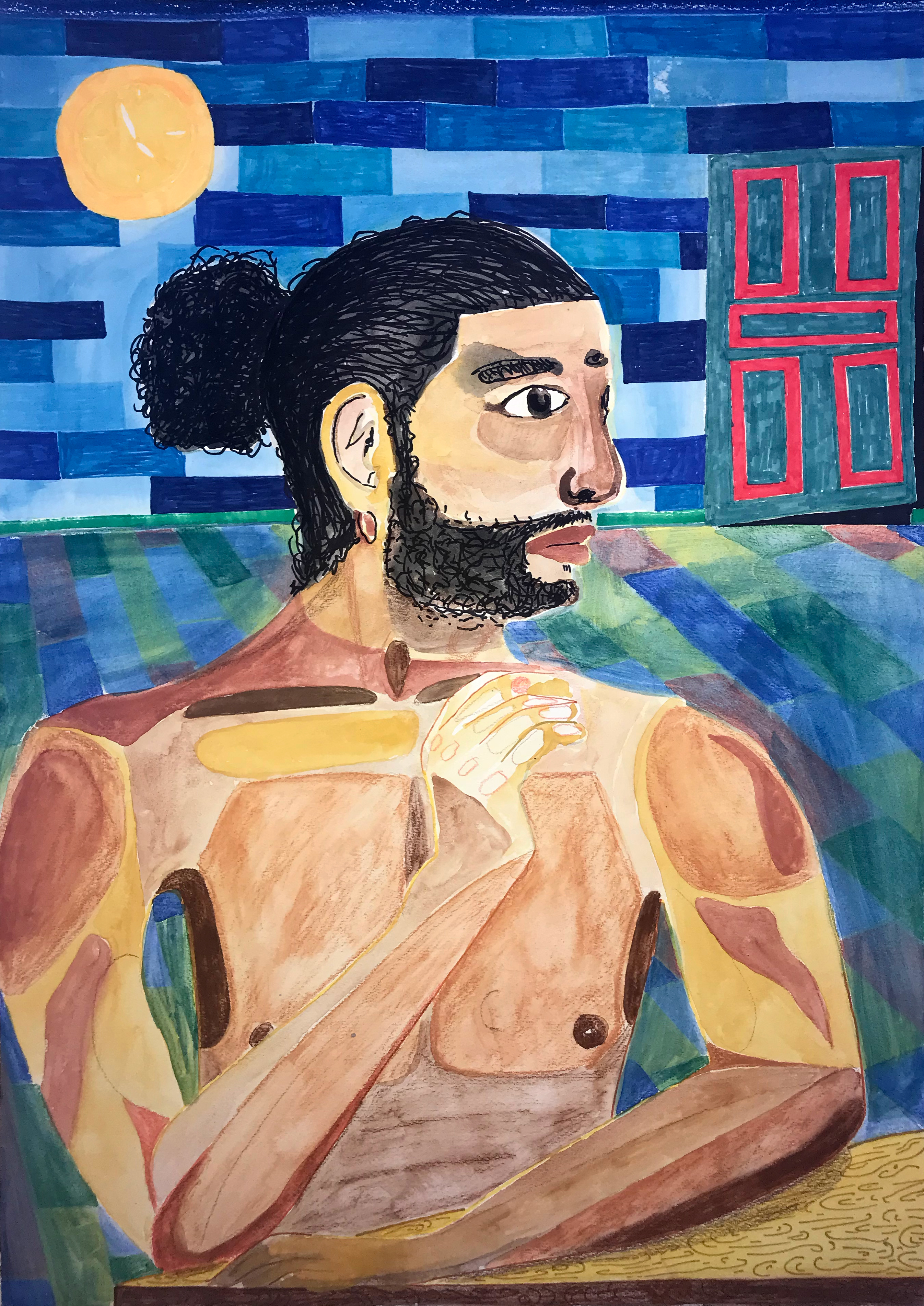 Adrian Fortuin, "Waiting on Godot", 2021, Watercolour, marker and pencil on paper, 70 x 50 cm