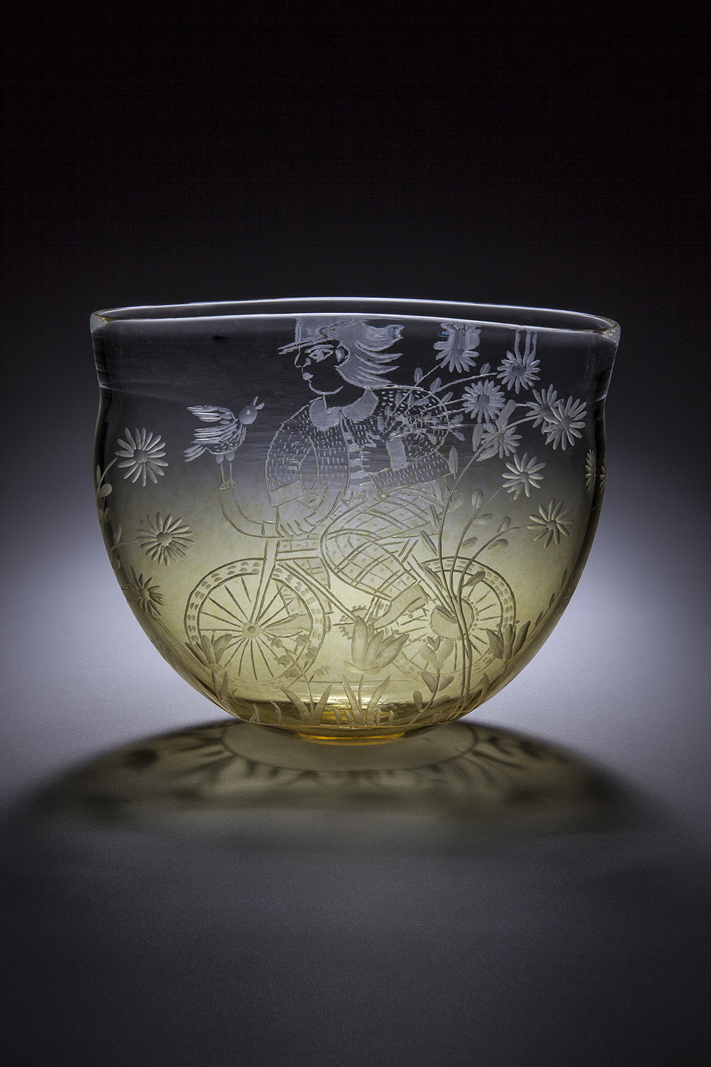  Cappy Thompson, 'Bicyclist', 2025, Wheel engraved blown glass, 8 x 9 x 2 5/8 in.