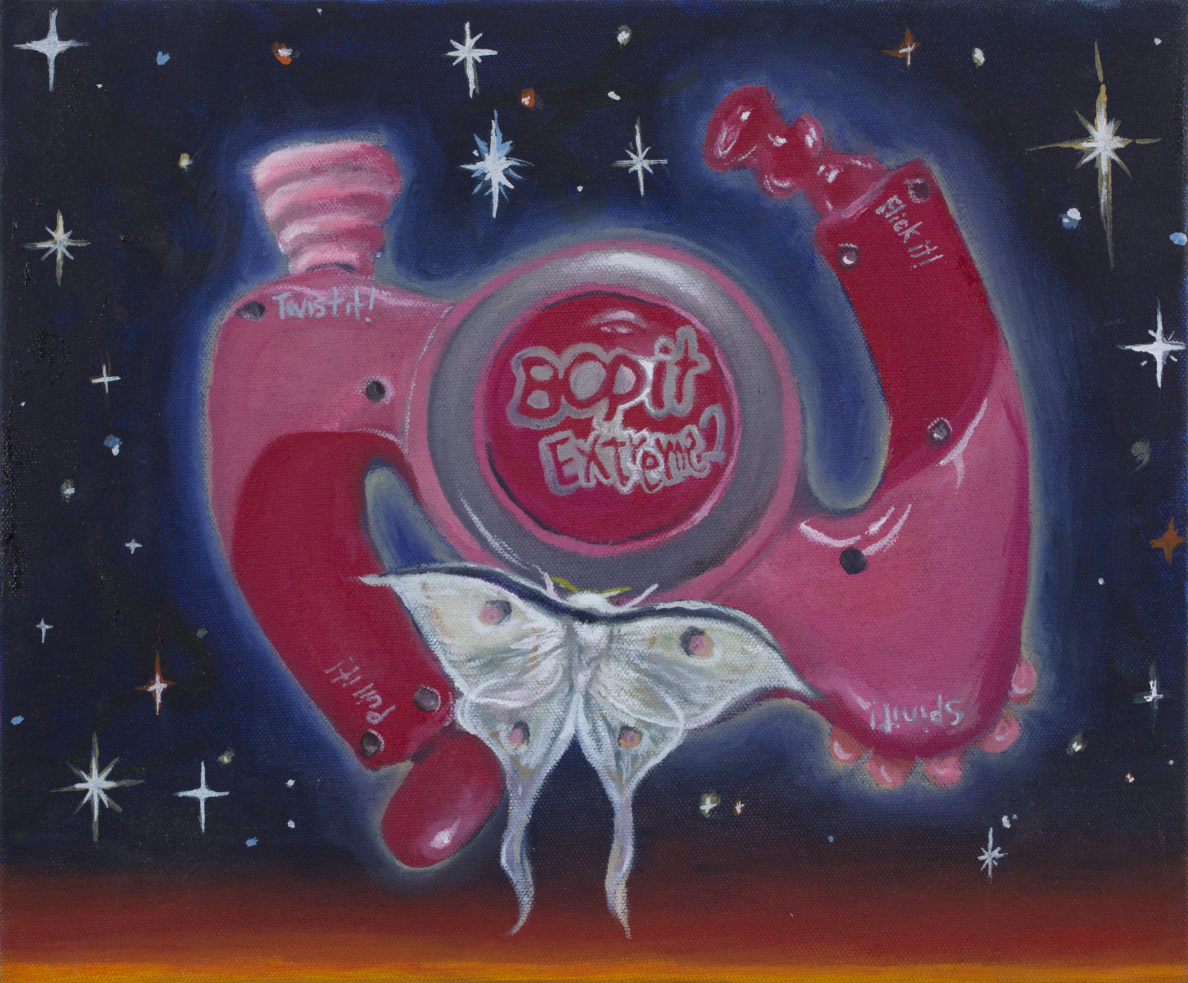 pink Bop-It in space (2021), oil on canvas. 25 x 30 cm. Photo: David Paterson
