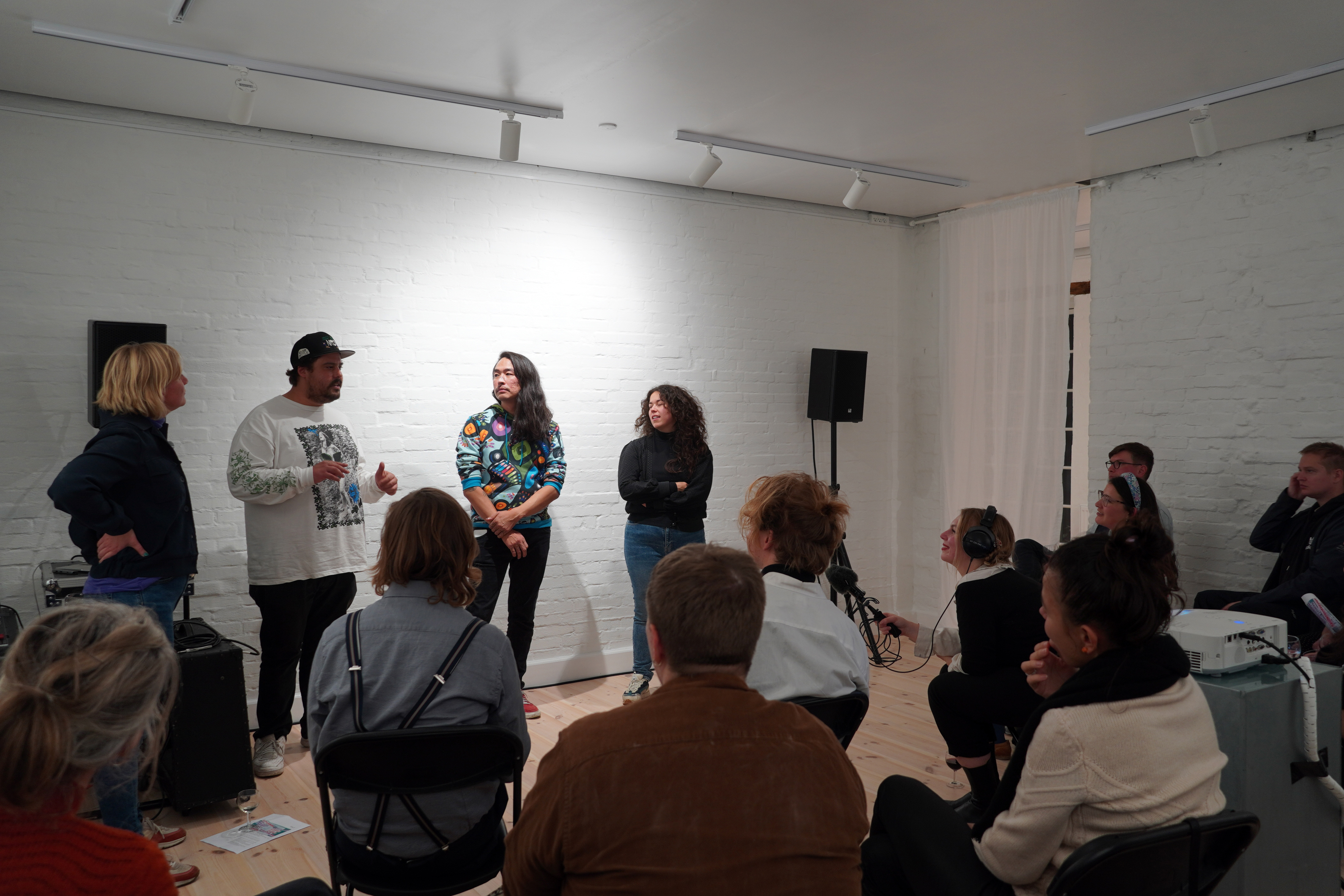 Documentation of artist’s conversation with Aqqalu Berthelsen / Uyarakq, New Red Order / Adam Khalil, Sirí Paulsen, and Katrine Dirckinck-Holmfeld, Huset I Hasserisgade, Aalborg, 2022 (photocredit: Rikke Ehlers Nilsson)