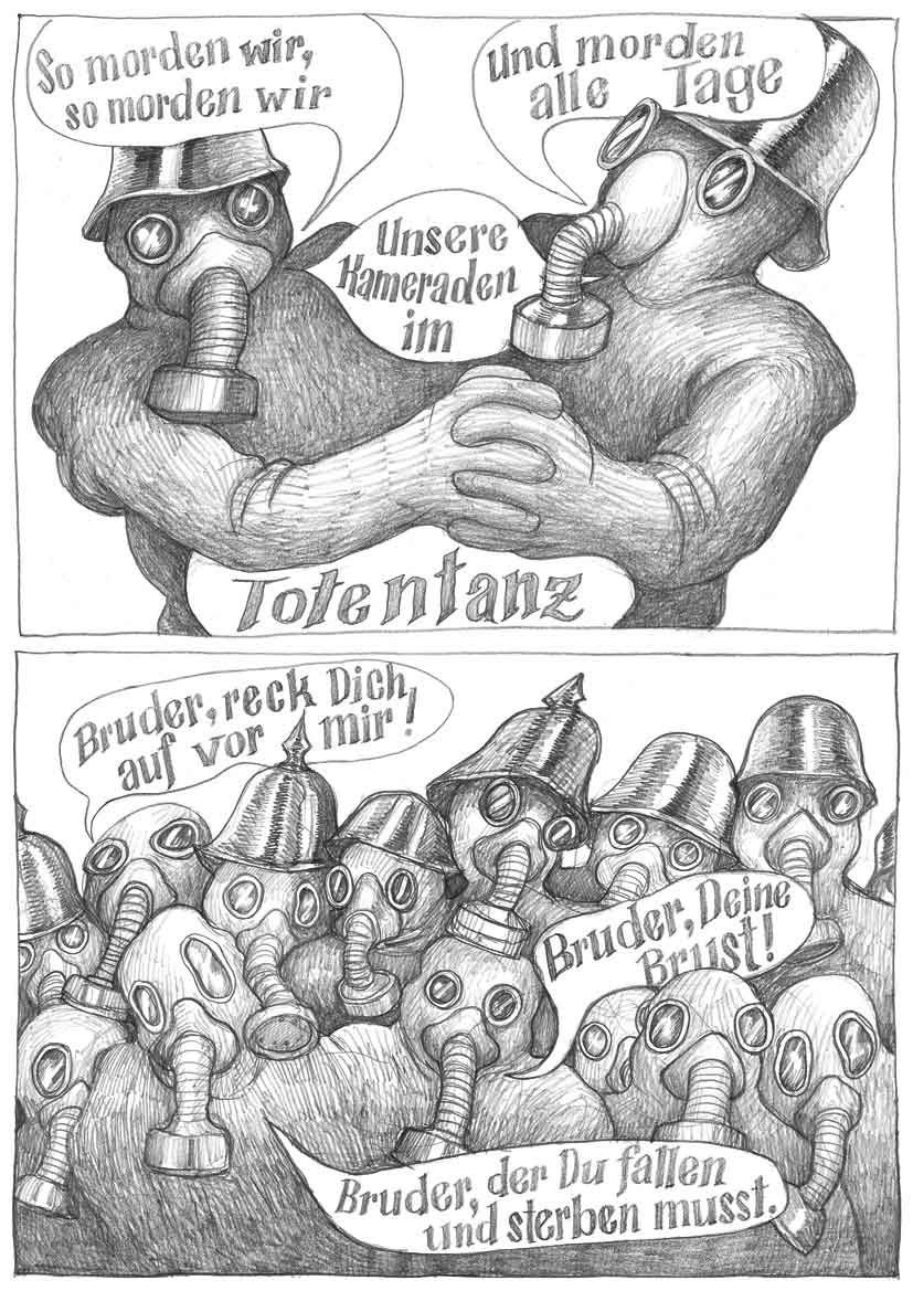 Soldaten mit Gasmasken tanzen und singen – Comicadaption von Hugo Balls Totentanz 1916