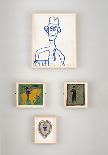 William Burroughs FBI Man 1992; Albert Freeman Untitled (Cowboy w/ Raised Pistol) 1950s; Untitled (Good Luck) 1950s; Untitled (Cowboy on Yellow Horse) 1950s Photo: Alex Delfanne