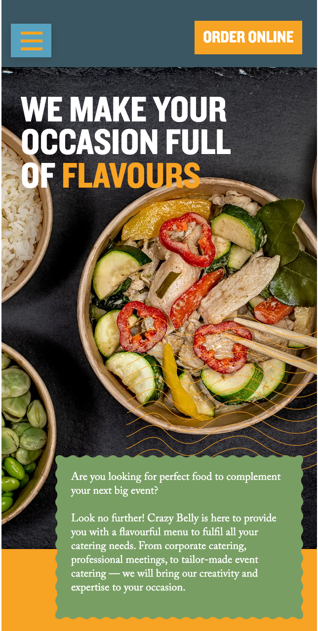 Catering page adapted for the mobile version