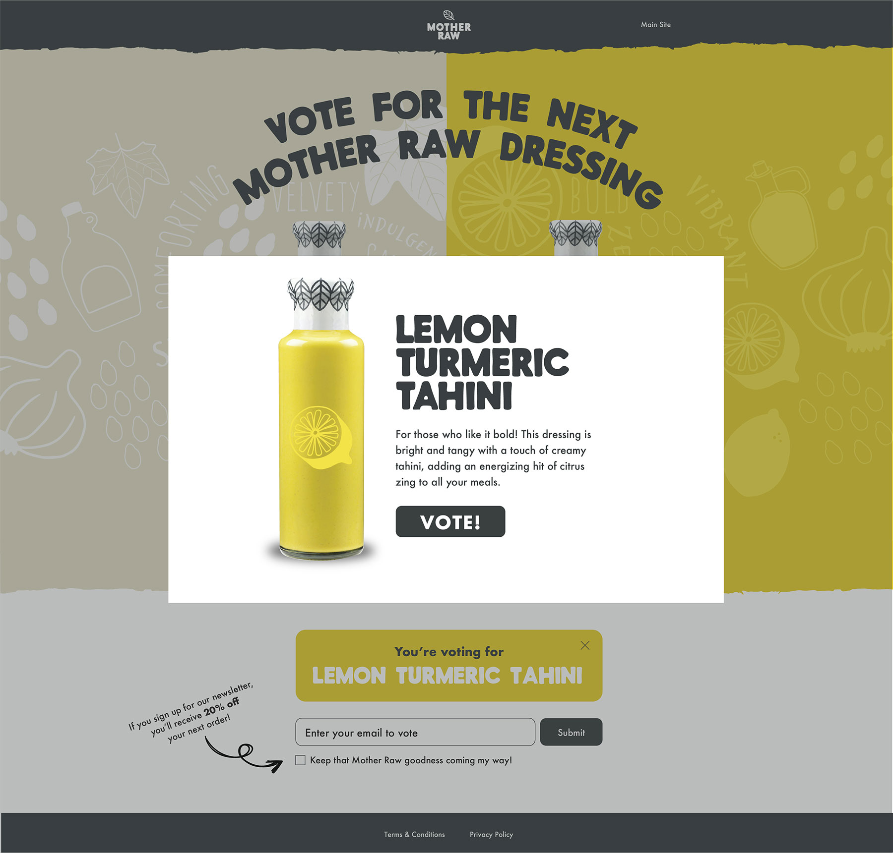 Mother Raw campaign website homepage with pop-up..