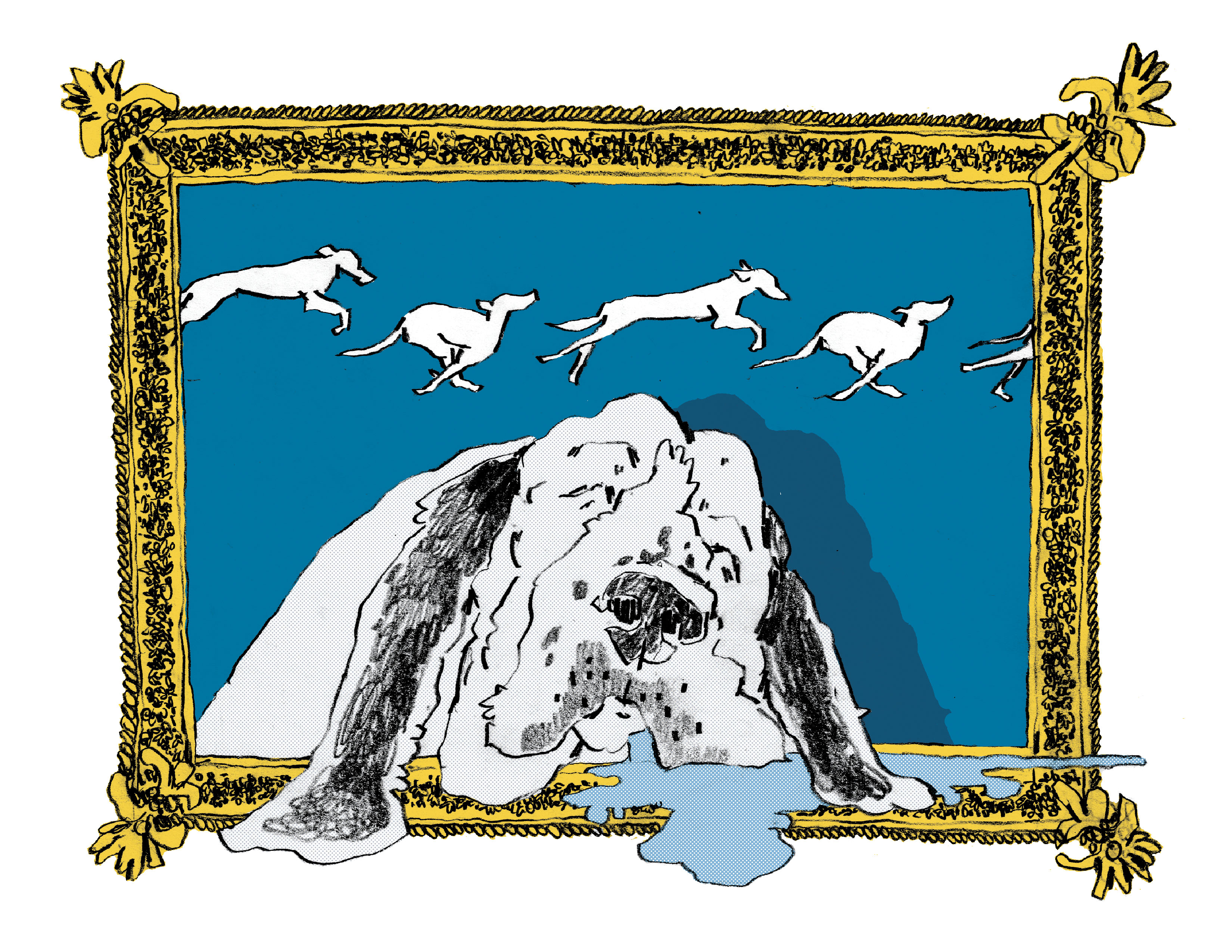 Good Boy: Sloth, 2023  Graphite with Digital Color on 11 X 8.5 Inch Paper  Blue is paired with a sleepy, drooling dog to create a calming, yet lazy mood. Rather than counting sheep, the dog counts sprinting dogs." 