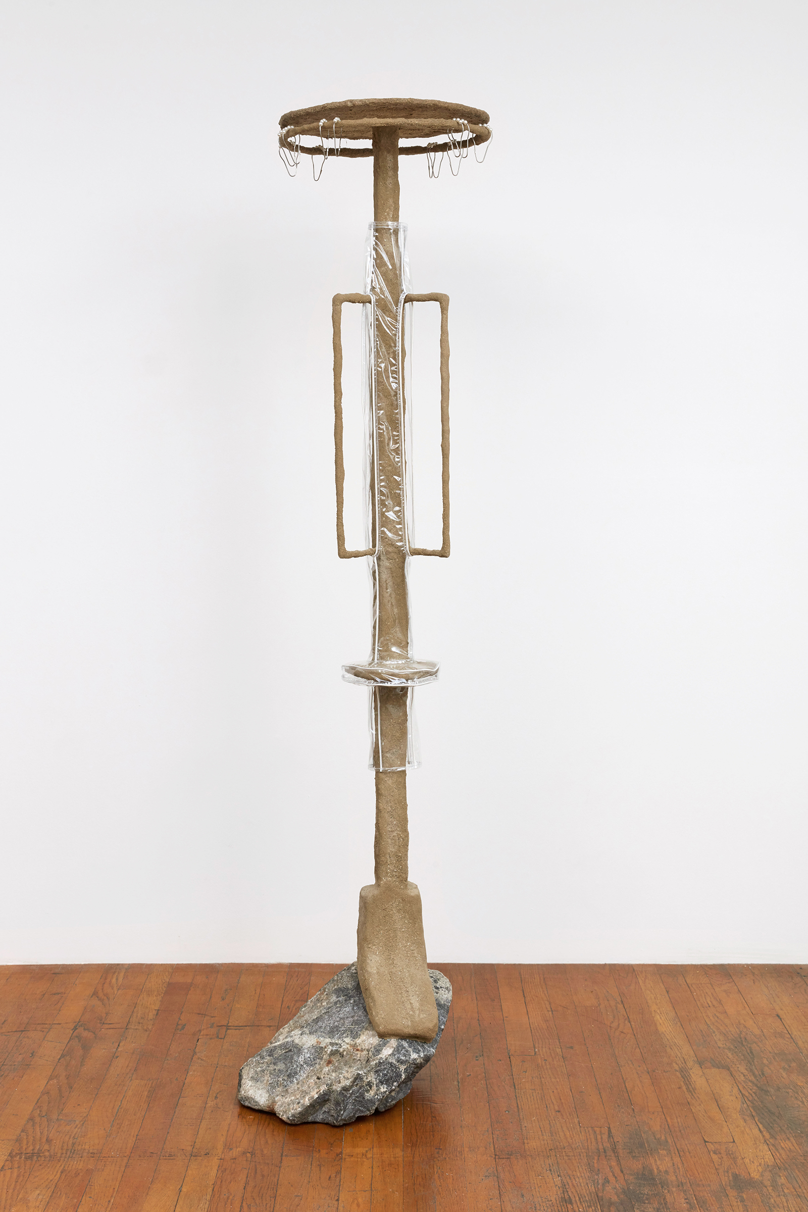 Untitled (little Shower), 2021, steel, sand, polymer, burlap, rock, vinyl, shower curtain hooks