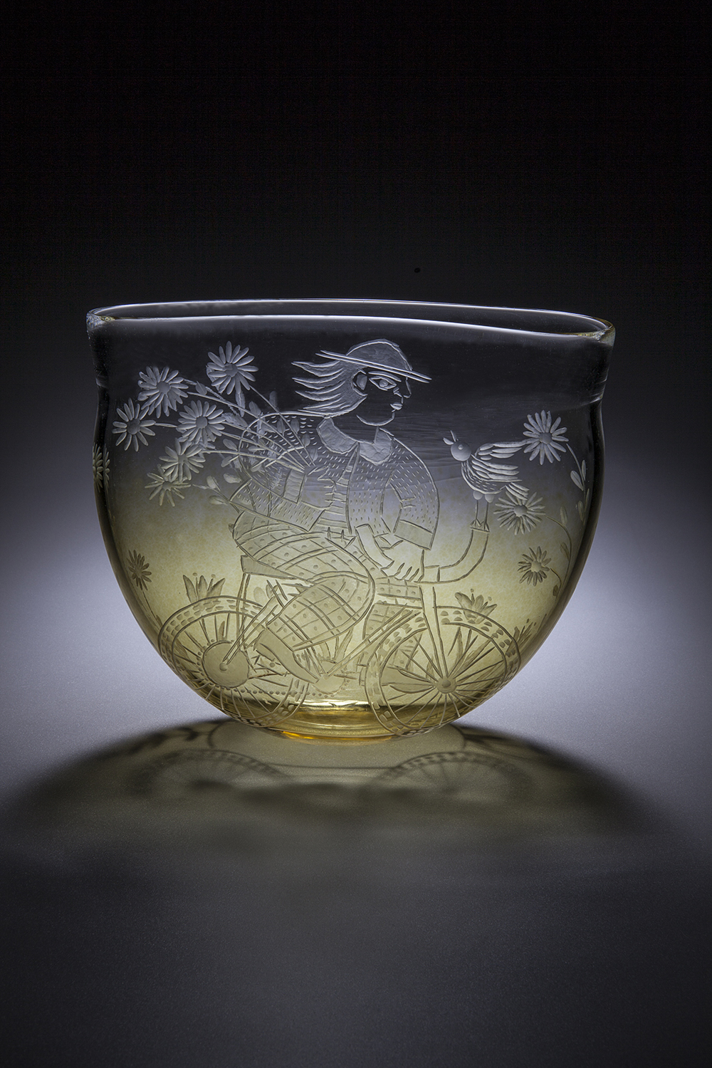  Cappy Thompson, 'Bicyclist', 2025, Wheel engraved blown glass, 8 x 9 x 2 5/8 in.